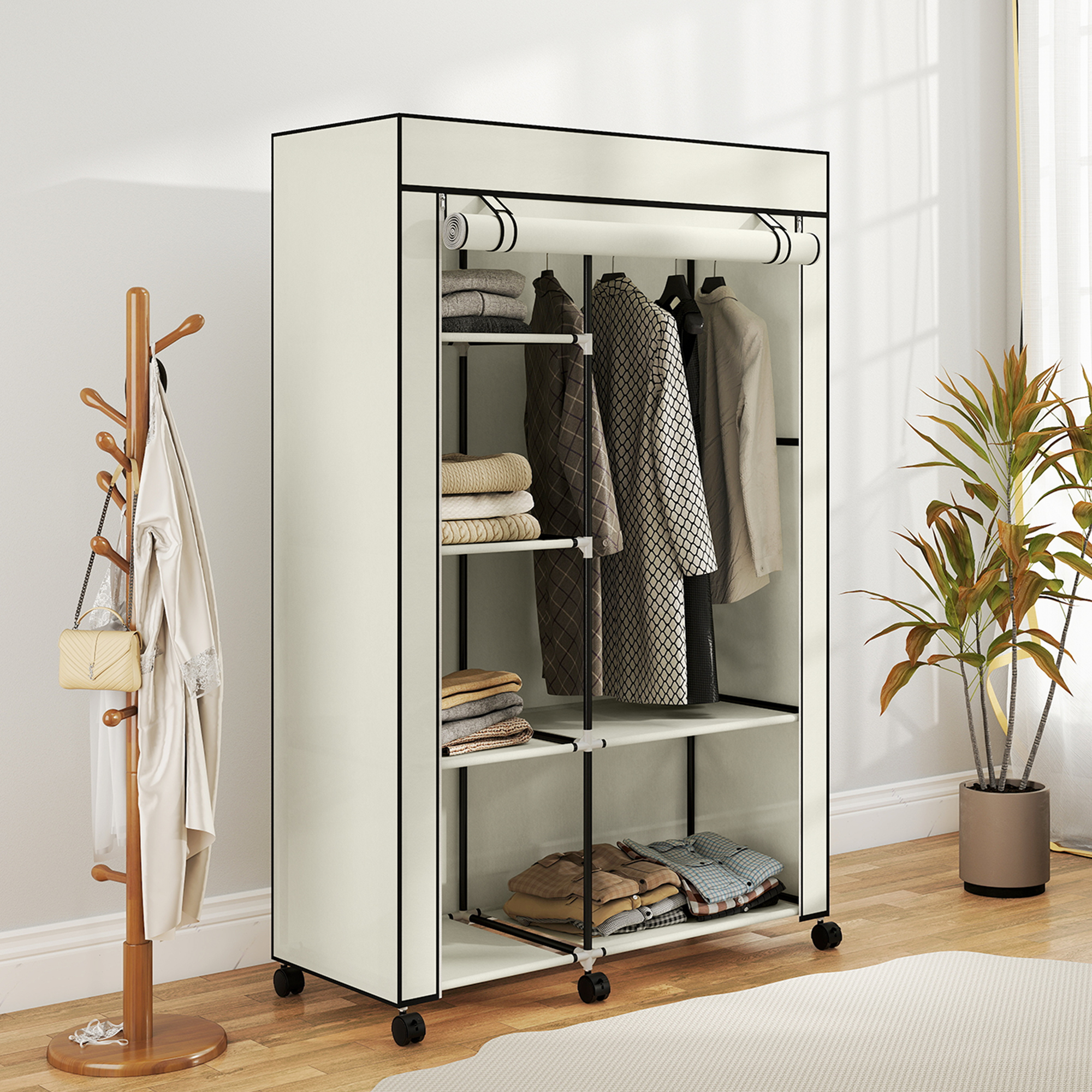 Schrank aus Stoff, Aufbewahrungslösung, 6 Regale, 1 Kleiderstange, Creme