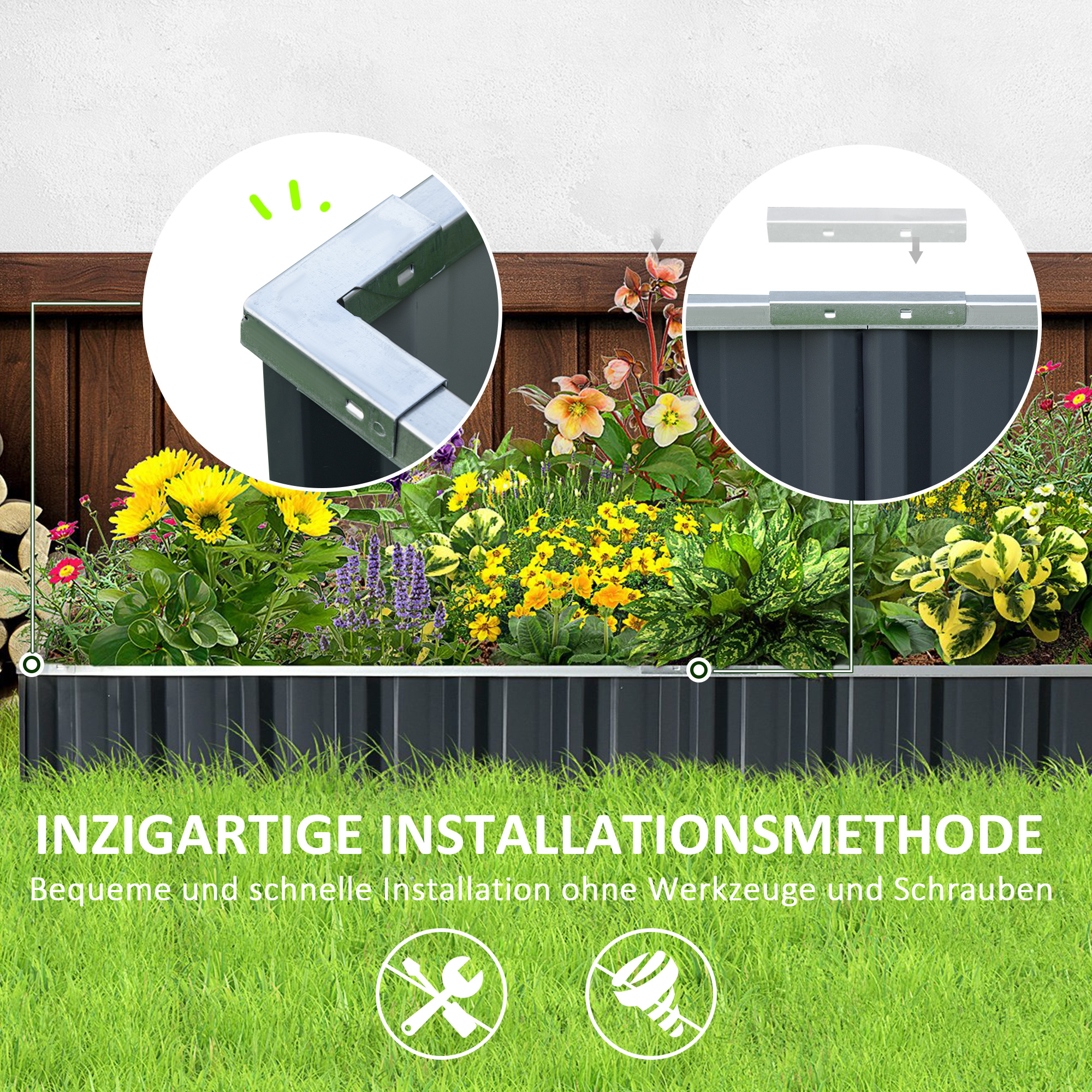 Hochbeet aus Stahl DIY Gartenbeet mit T-Form-Pflanzenschilder Handschuhe Pflanzenbeet Kräuterbeet Blumentreppe für Balkon Garten Dunkelgrau 258 x 90 x 30 cm
