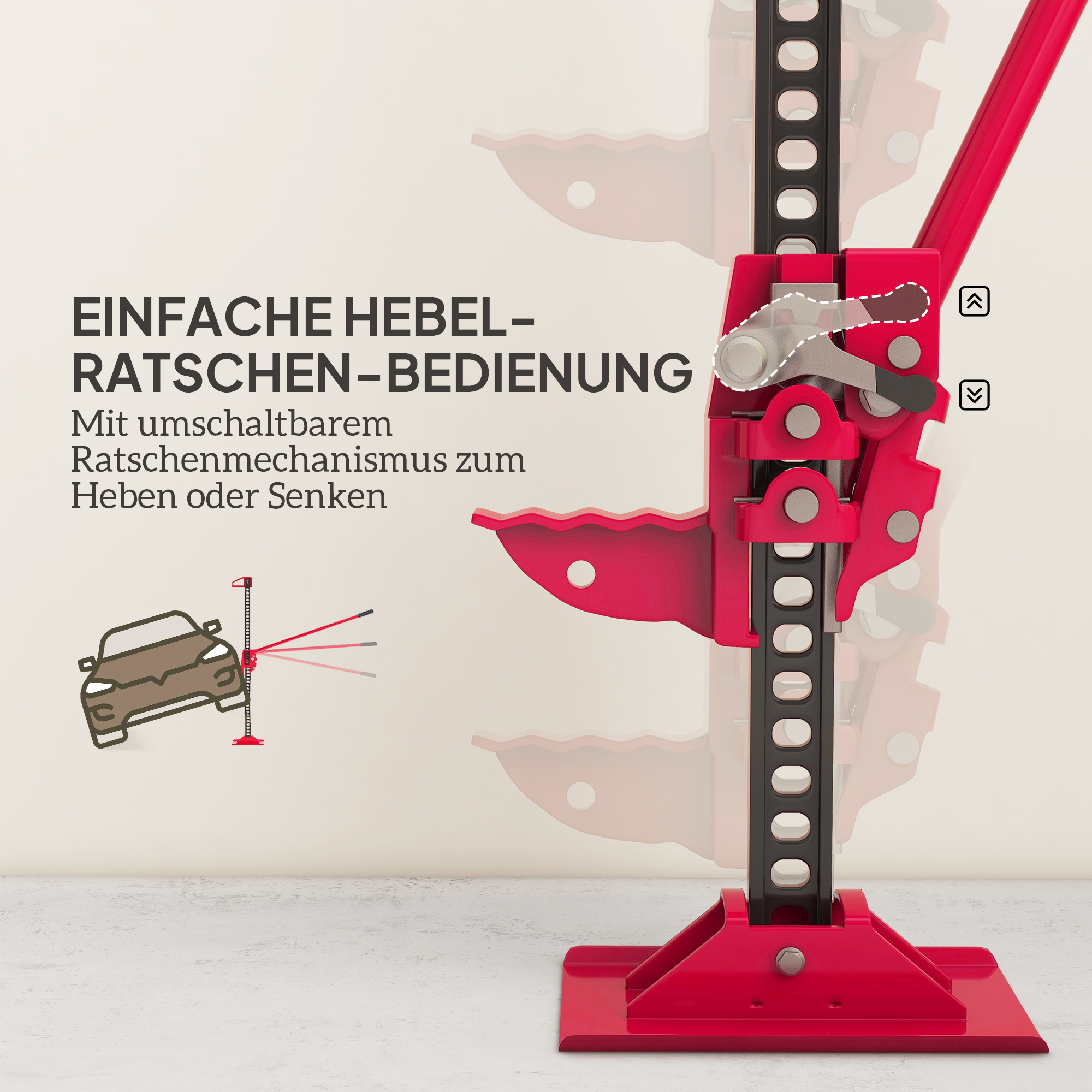 Farm Jack Wagenheber 135 cm 3000 kg Tragkraft Offroad Stockwinde aus Stahl Rot+Schwarz