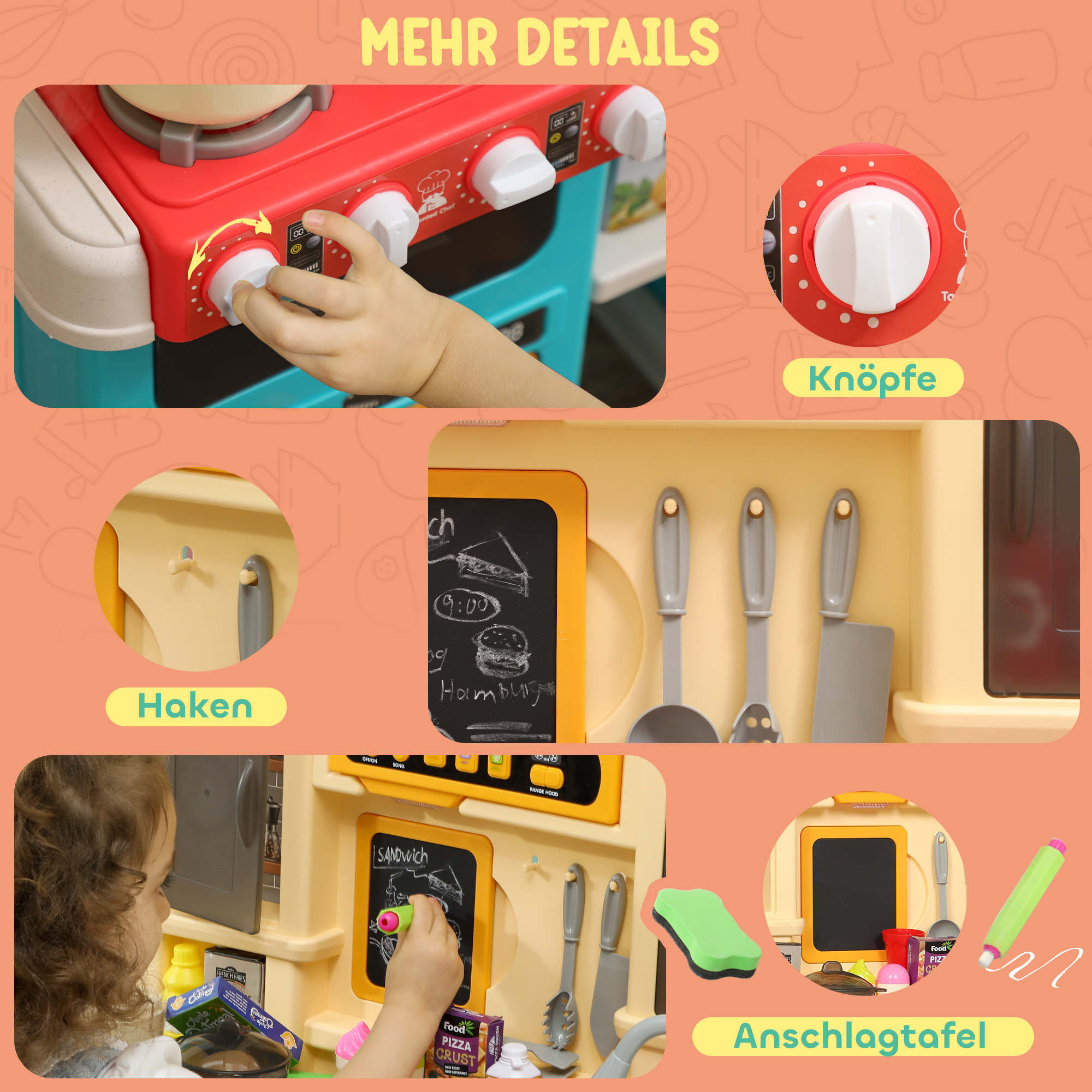 Spielküche mit fließendem Wasser, 85-teiliges Zubehör, elektrischer Wasserhahn, Lichter, Geräusche, für Kinder von 3-6 Jahren, Kunststoff, Grün