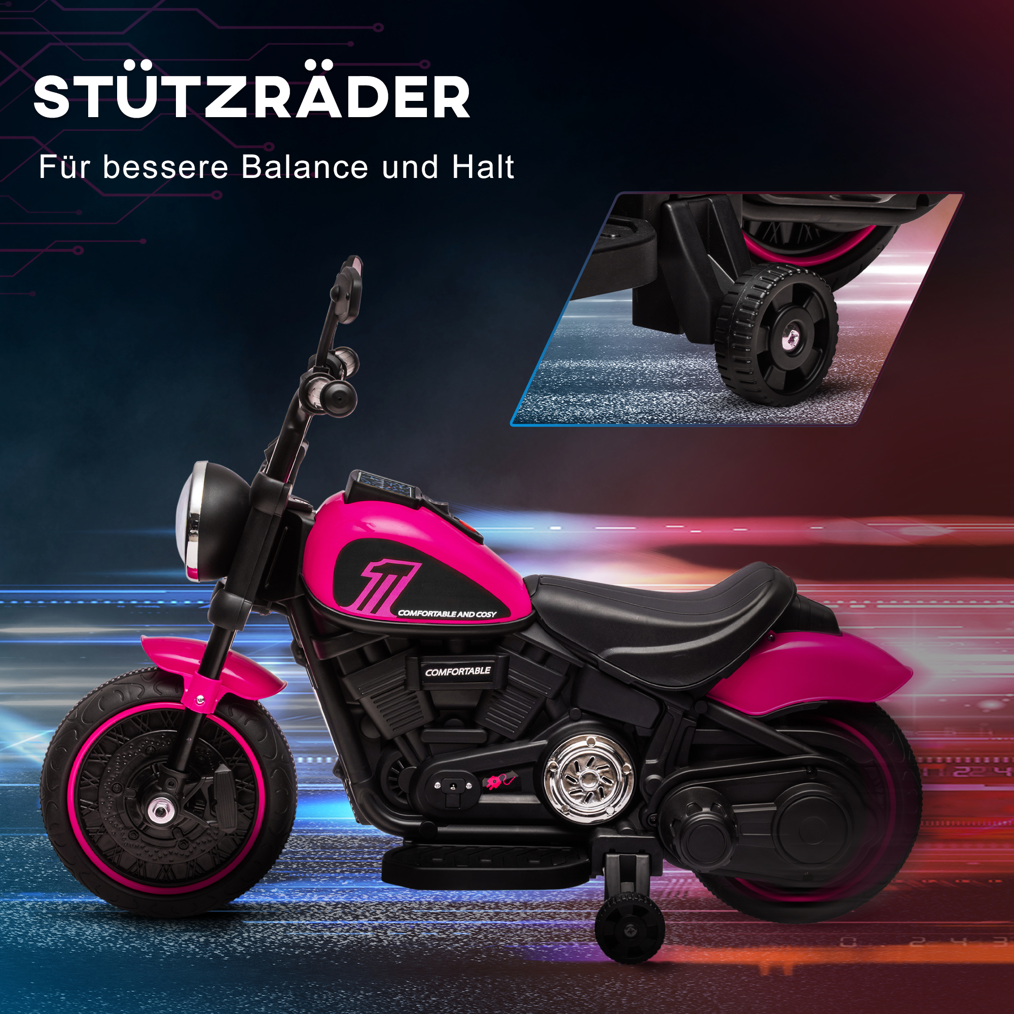 Elektro-Kindermotorrad mit Stützrädern, Scheinwerfer, 1,5 bis 3 km/h, für Kinder 1,5 bis 3 Jahren, pink