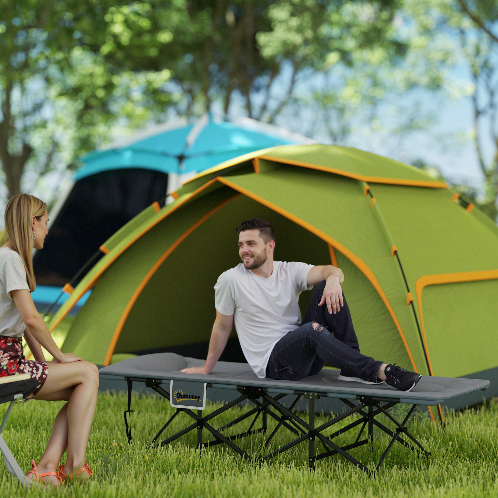 Feldbett faltbar Campingbett mit Matratze Kopfkissen Seitentasche 187 x 67 x 37 cm Gästebett bis 150 kg Grau