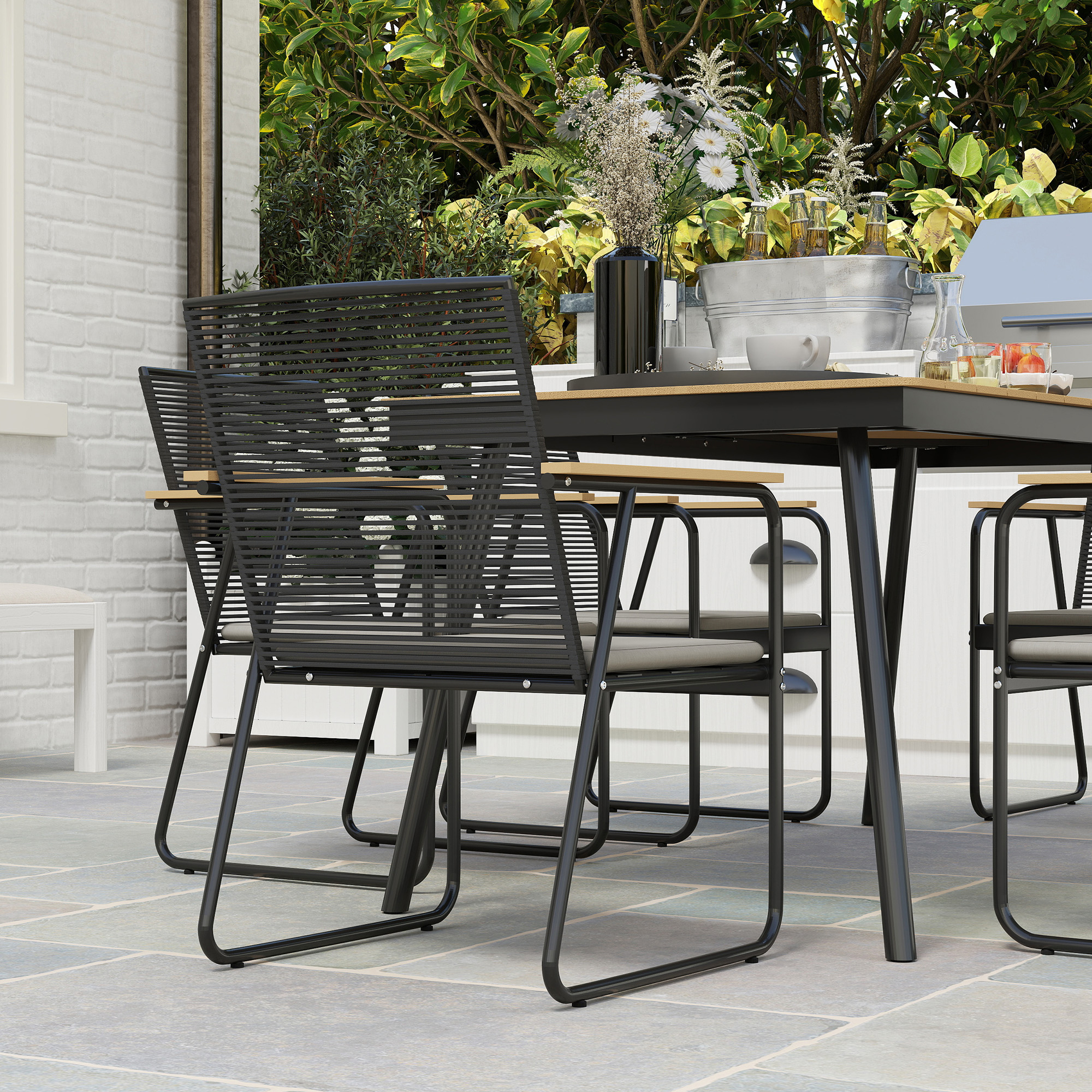 Sitzgruppe 7-teilig Metall Essgruppe für 6 Personen Esstisch mit Tisch 6 Stühlen Esszimmergruppe Naturholz+Schwarz