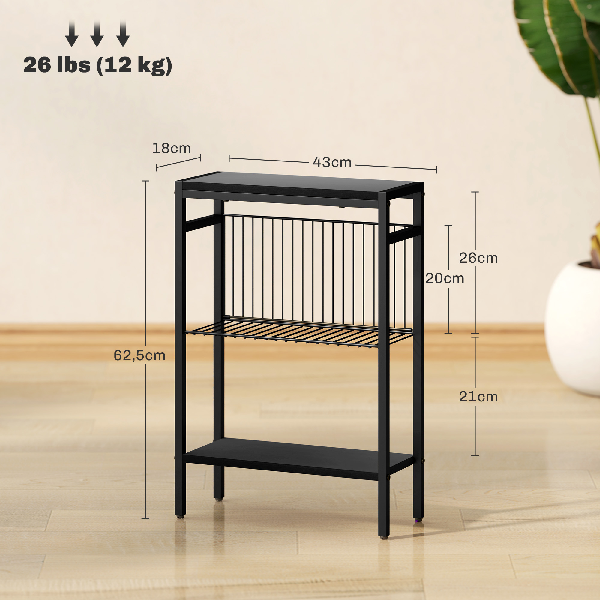 Beistelltisch, 3-stufiges Design, Regale in Holzoptik, Metallrahmen, Schwarz
