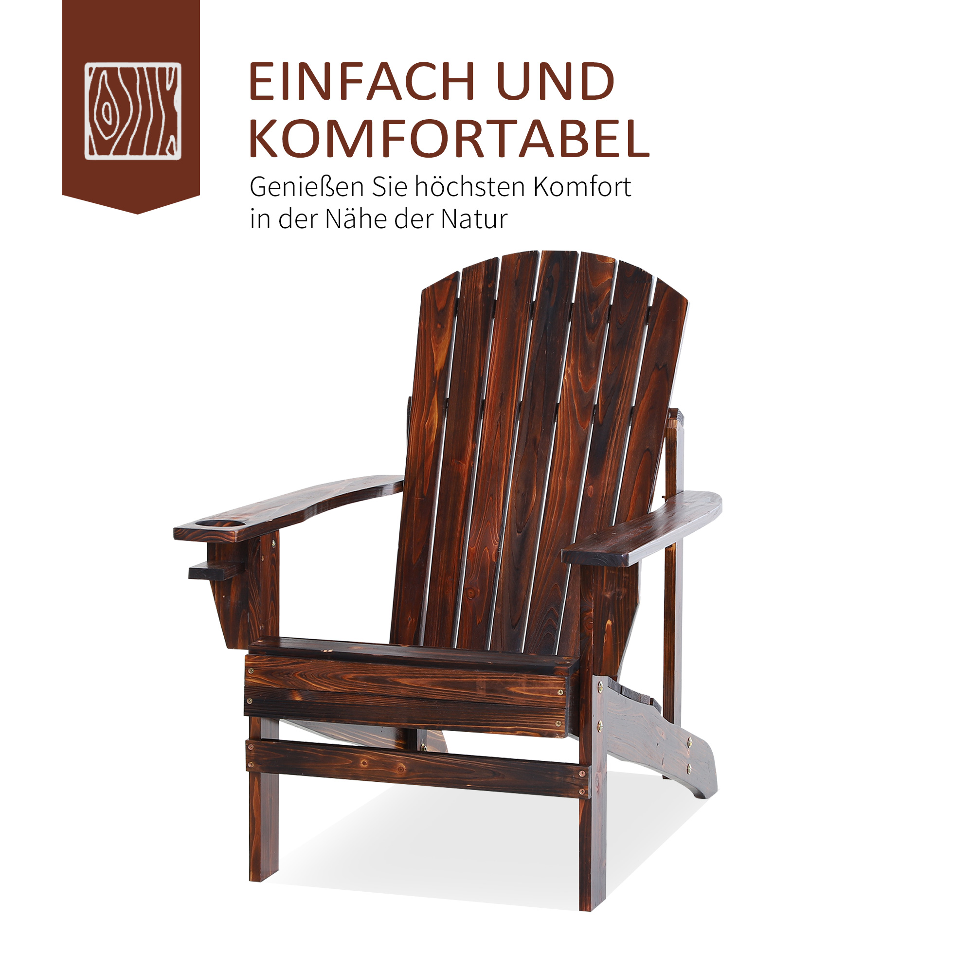 Adirondack-Gartenstuhl mit Becherhalter Gartenliege Balkonstuhl Massivholz Verkohlt 72 x 95 x 93 cm