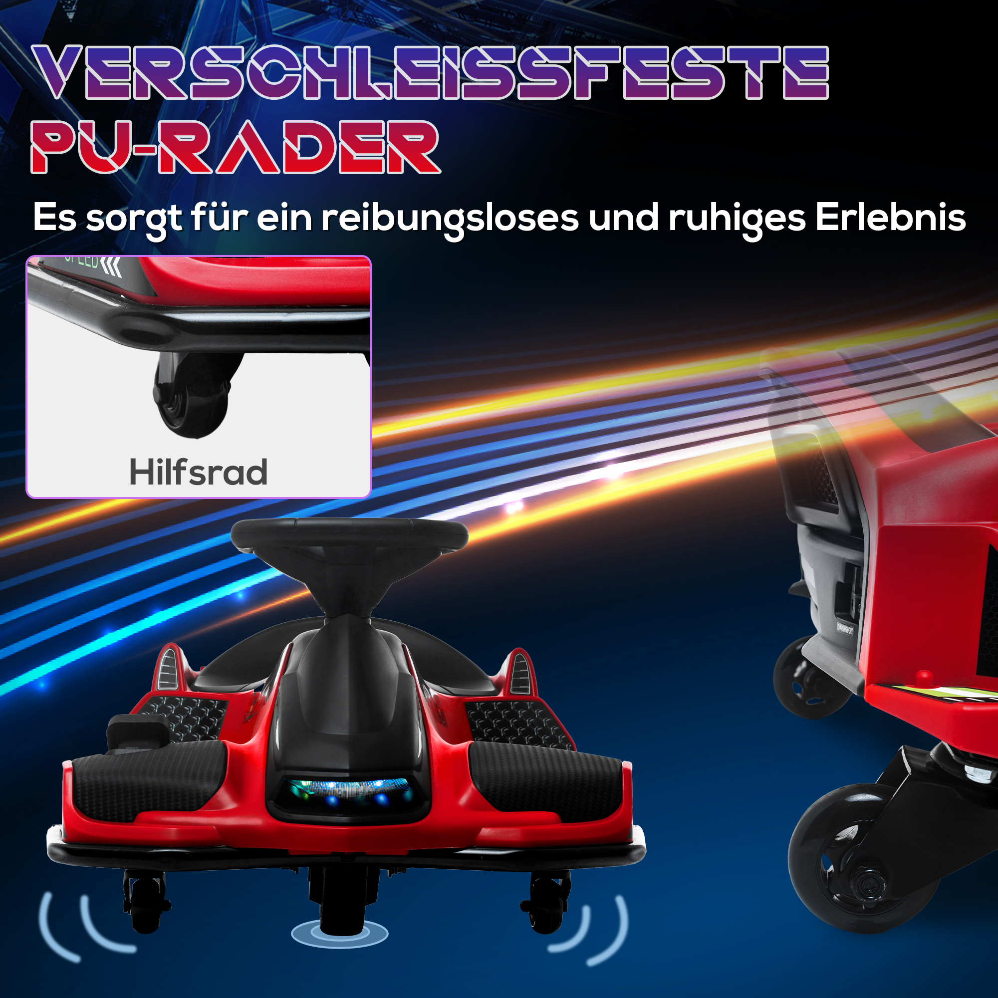 Elektrisches Go-Kart für Kinder, Gummiräder, 3-8 km/h, mit Lichtern und Musikfunktion, Rot