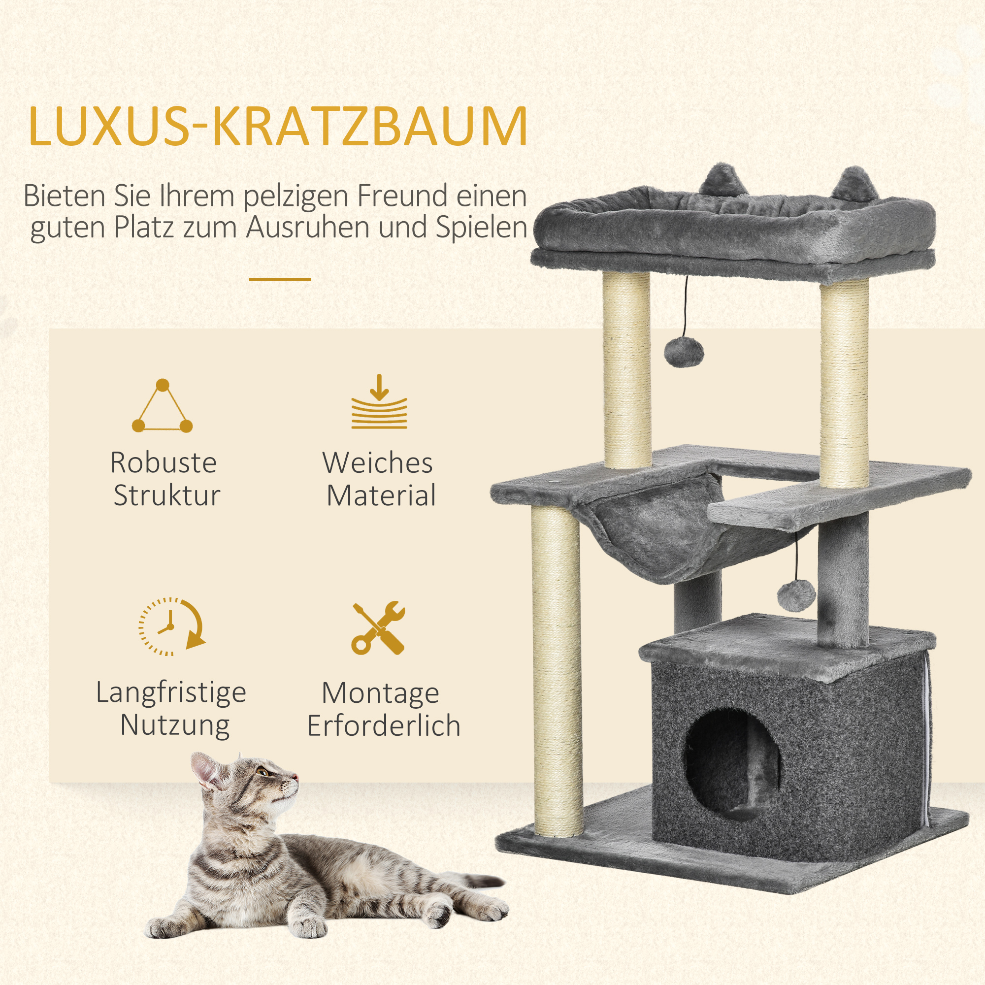 Katzenbaum 90 cm Kratzbaum mit Hängematte Spielbaum Katzenhöhle Plattformen Kletterbaum Katzenkratzbaum Aktivitätskratzbäum Plüsch Sisal Grau