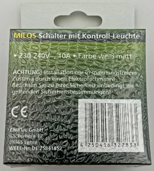 MILOS Kontroll-Schalter mit Lämpchen, 250V~/ 10A, inkl. Rahmen, UP, weiß matt