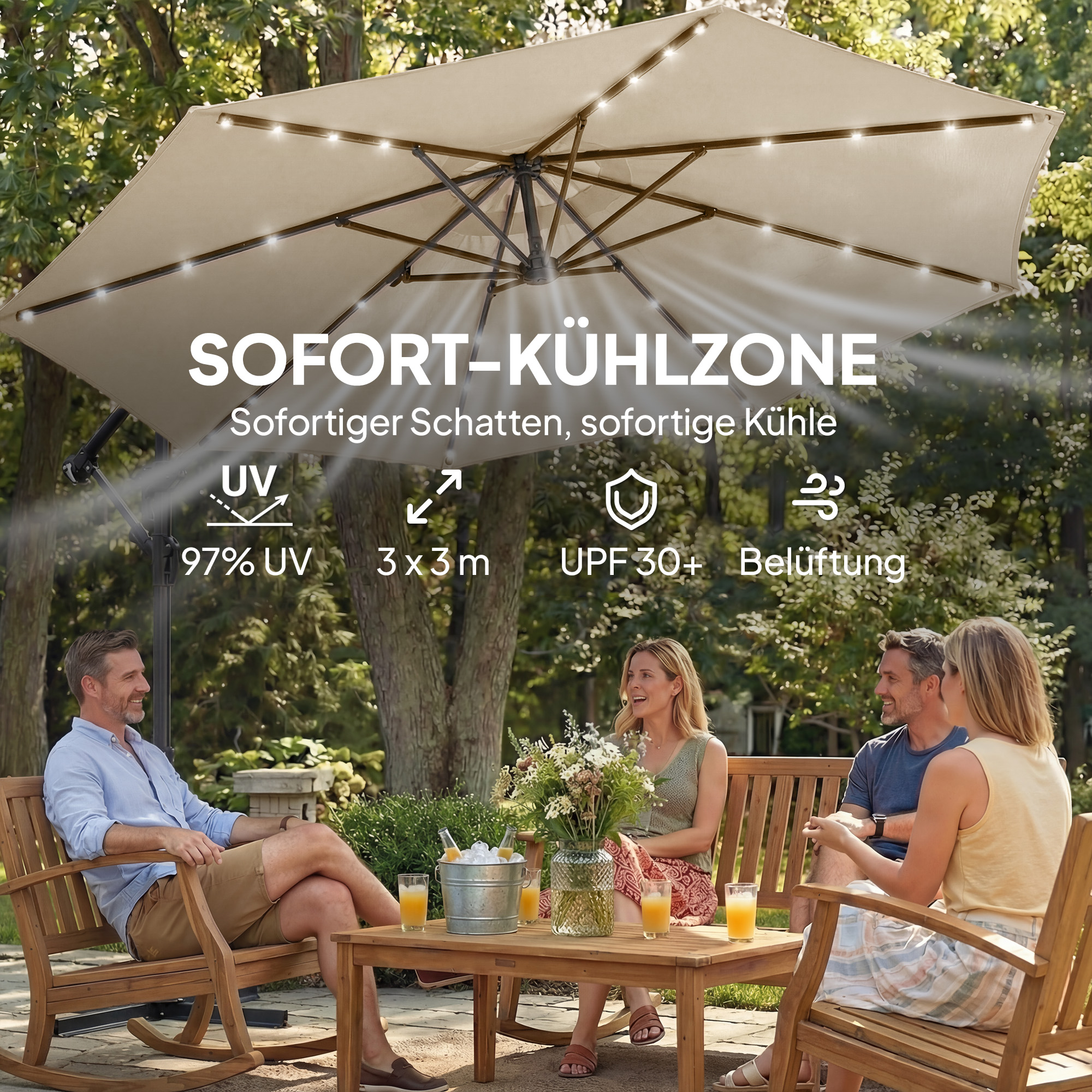 Ampelschirm LED Solar ca. Ø300 cm Drehbar Sonnenschirm mit Kurbel Ständer Schutzhülle Beige