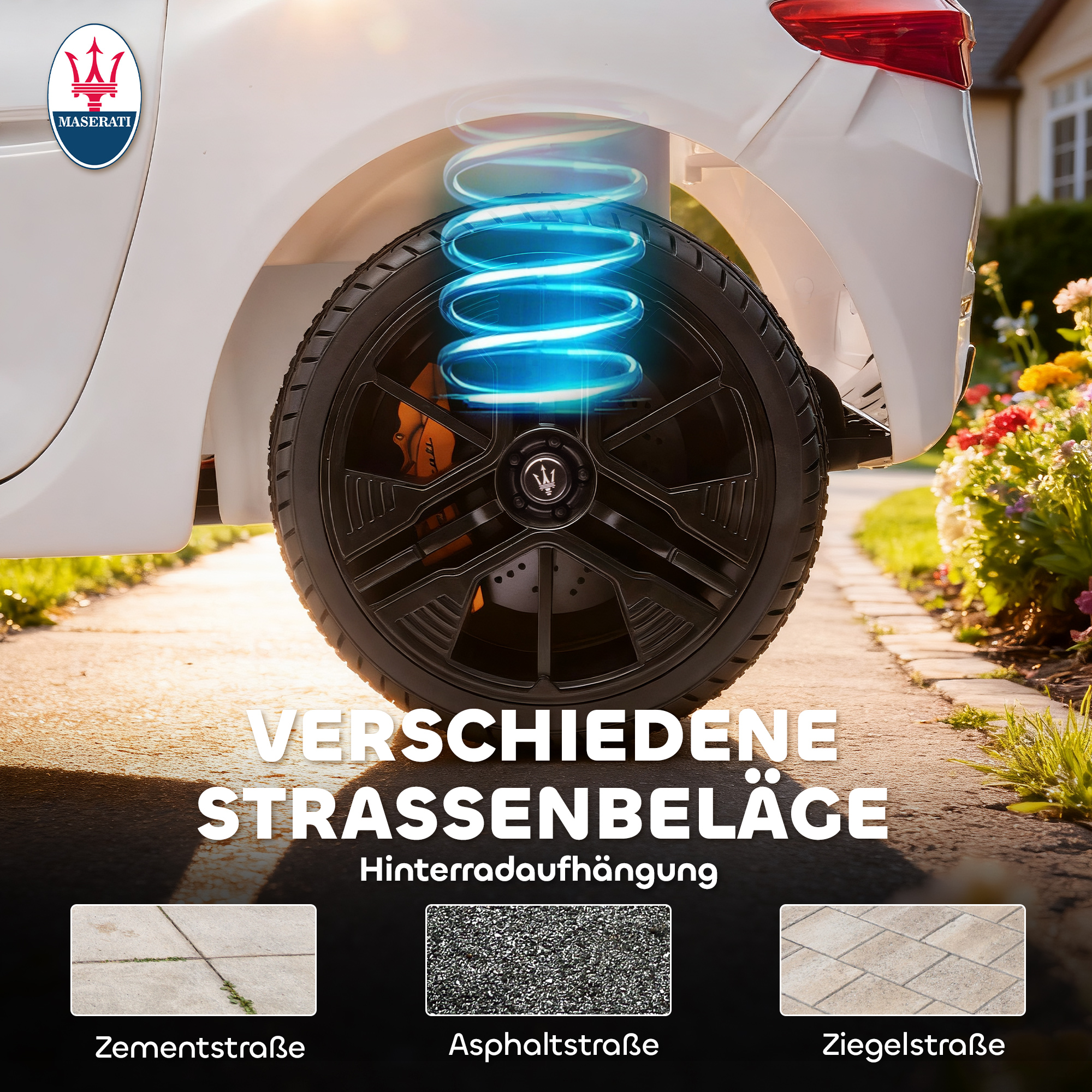 Maserati Elektroauto für Kinder, 2-Sitzer, 12V Batteriebetrieb, Fernbedienung, LED-Lichter, Musikfunktion, Weiß