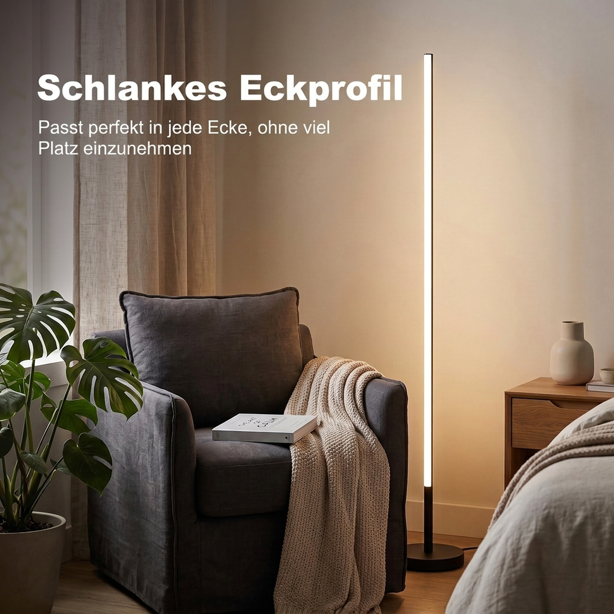 LED-Ecklampe, moderne Stehlampe, 1450 lm, 3 Helligkeitsstufen, Fußschalter, 3000 K, Wohn-/Schlafzimmer, Schwarz