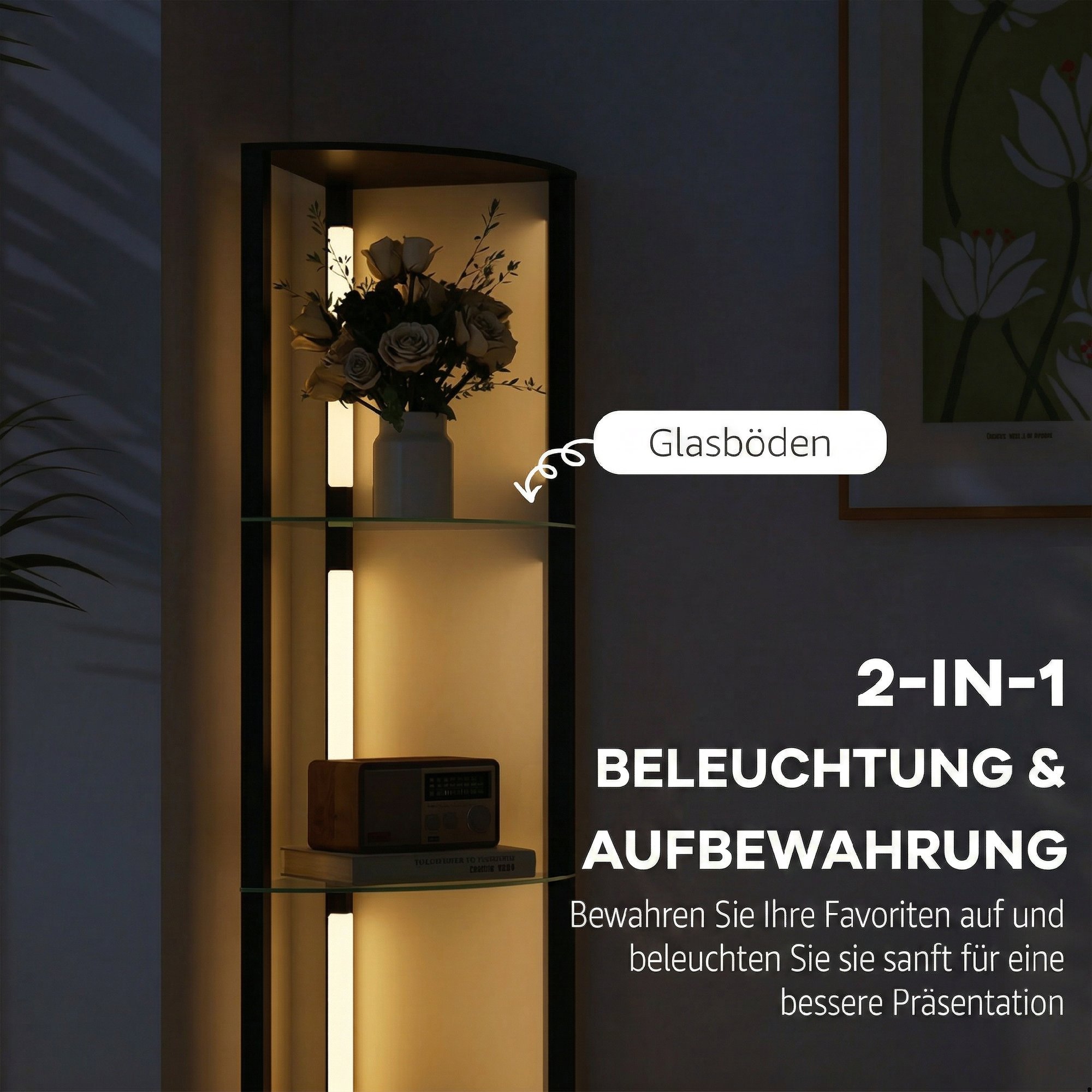 LED Stehlampe mit Glasregal Stehleuchte mit 3 Helligkeitsstufen Fußschalter für Wohnzimmer Schlafzimmer Schwarz