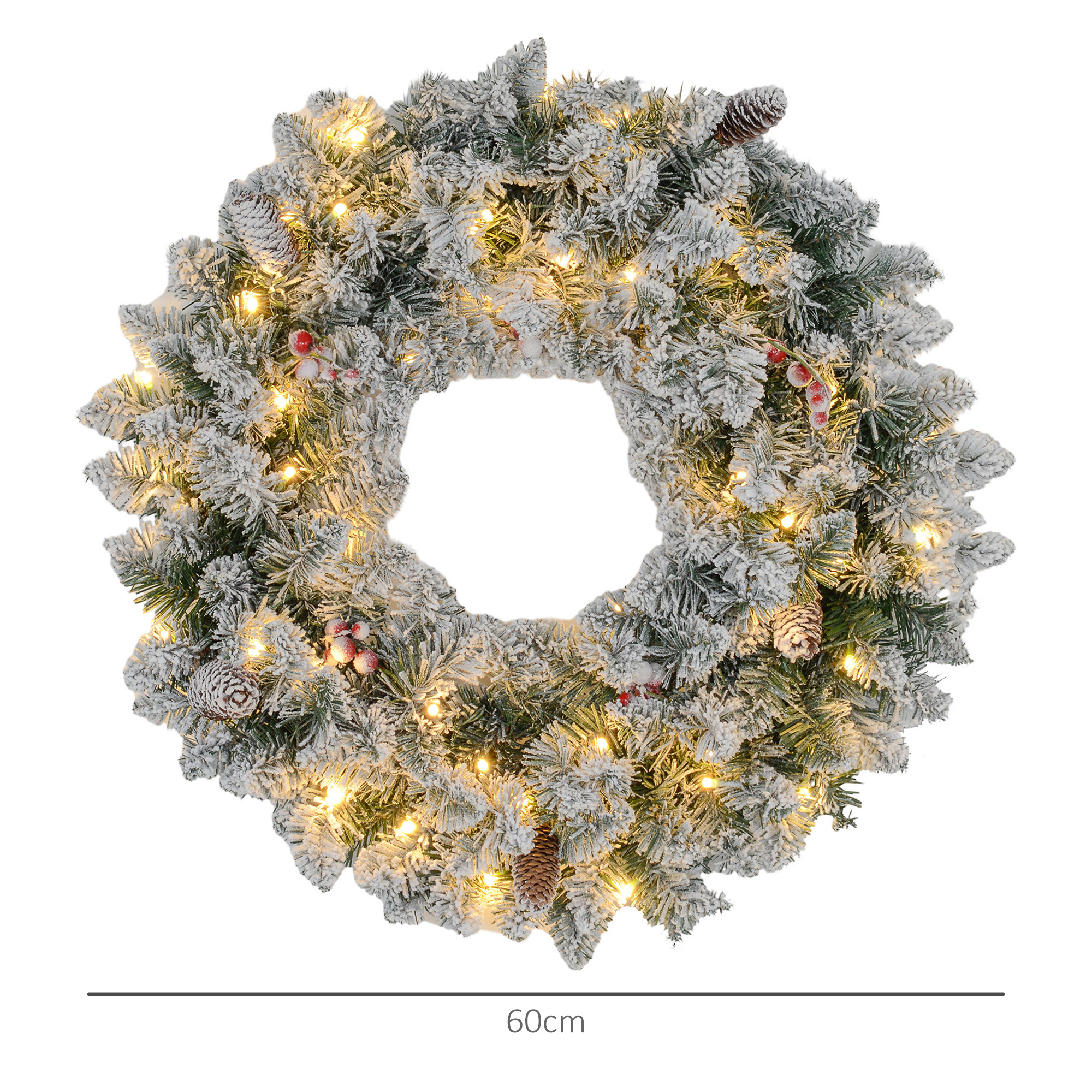 Weihnachtskranz mit LED-Beleuchtung, roten Beeren, realistisches Aussehen, Ø60 x 10 cm, Grün