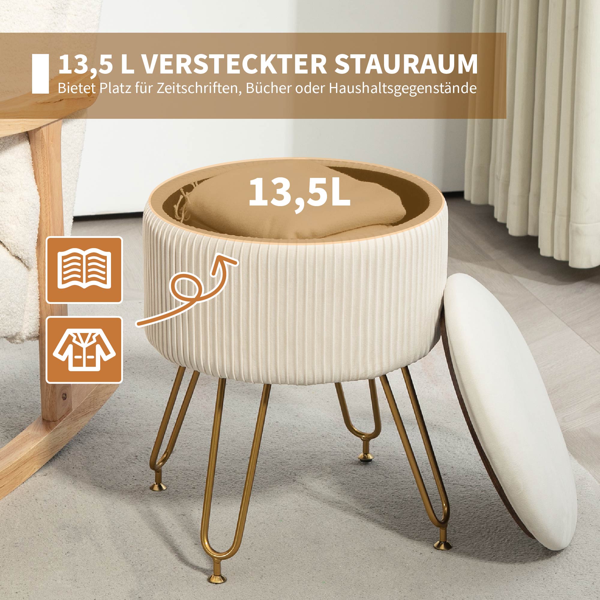 2-in-1-Aufbewahrungshocker mit Metallbeinen, runder Fußhocker für Wohnzimmer, Schlafzimmer, Flur, Cremeweiß