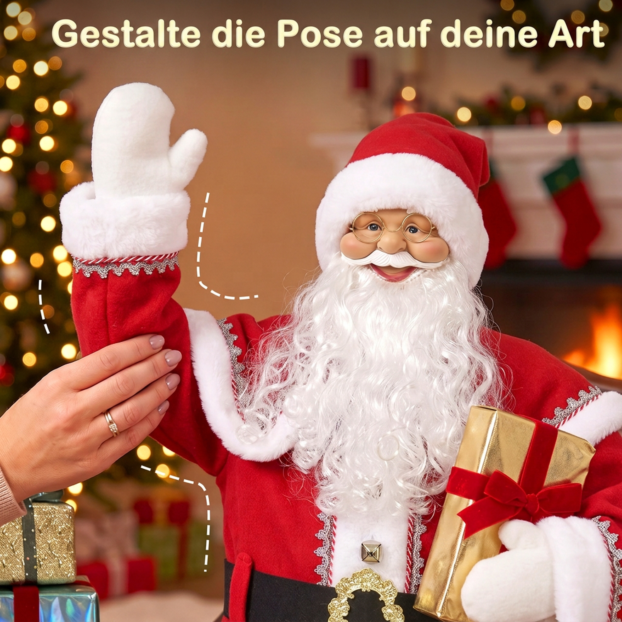 Lebensgroßer singender Weihnachtsmann 150 cm, animierte Musikfigur mit drehendem Kopf, winkender Hand und Geschenk