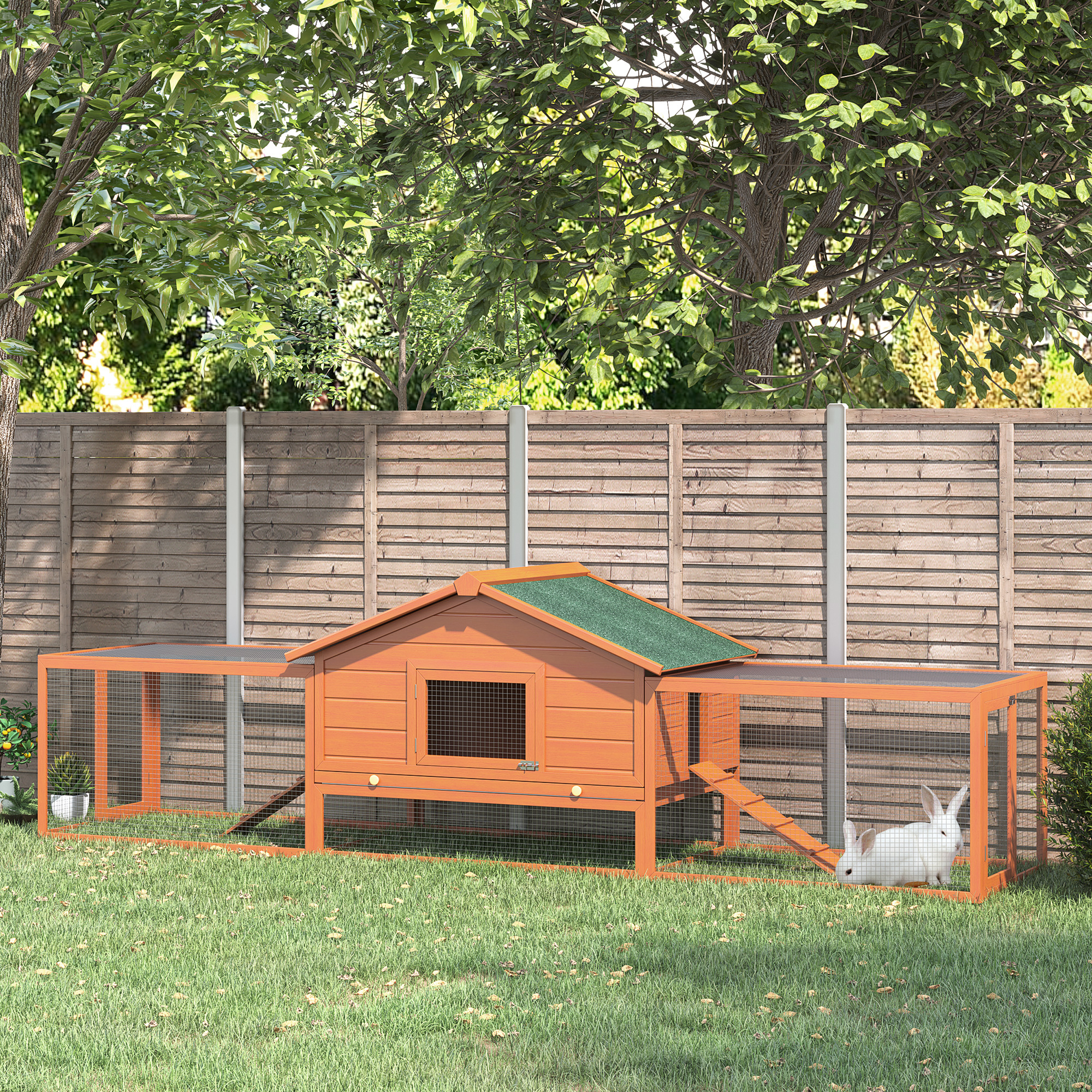 Kleintierstall Kleintierkäfig, 2 Freigehegen, 2 Rampen, 309 cm x 79 cm x 86 cm, Natur + Grün