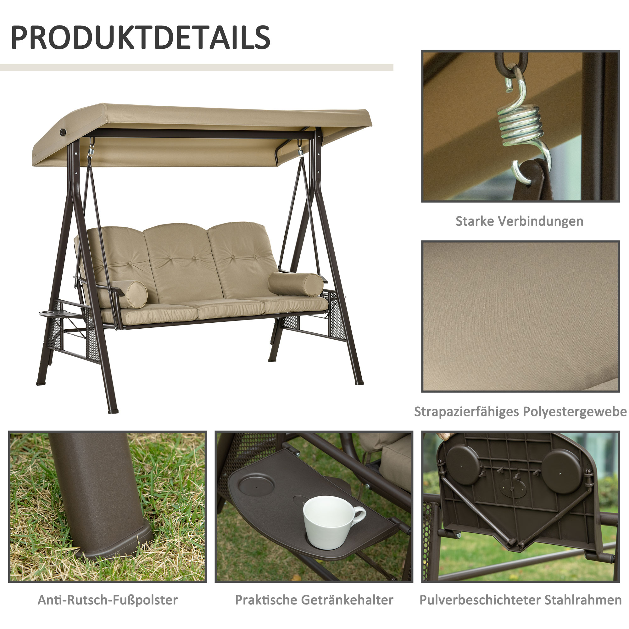 3-Sitzer Hollywoodschaukel Gartenschaukel mit Sonnendach Kissen Metall Polyester Khaki 116 x 206 x 183 cm