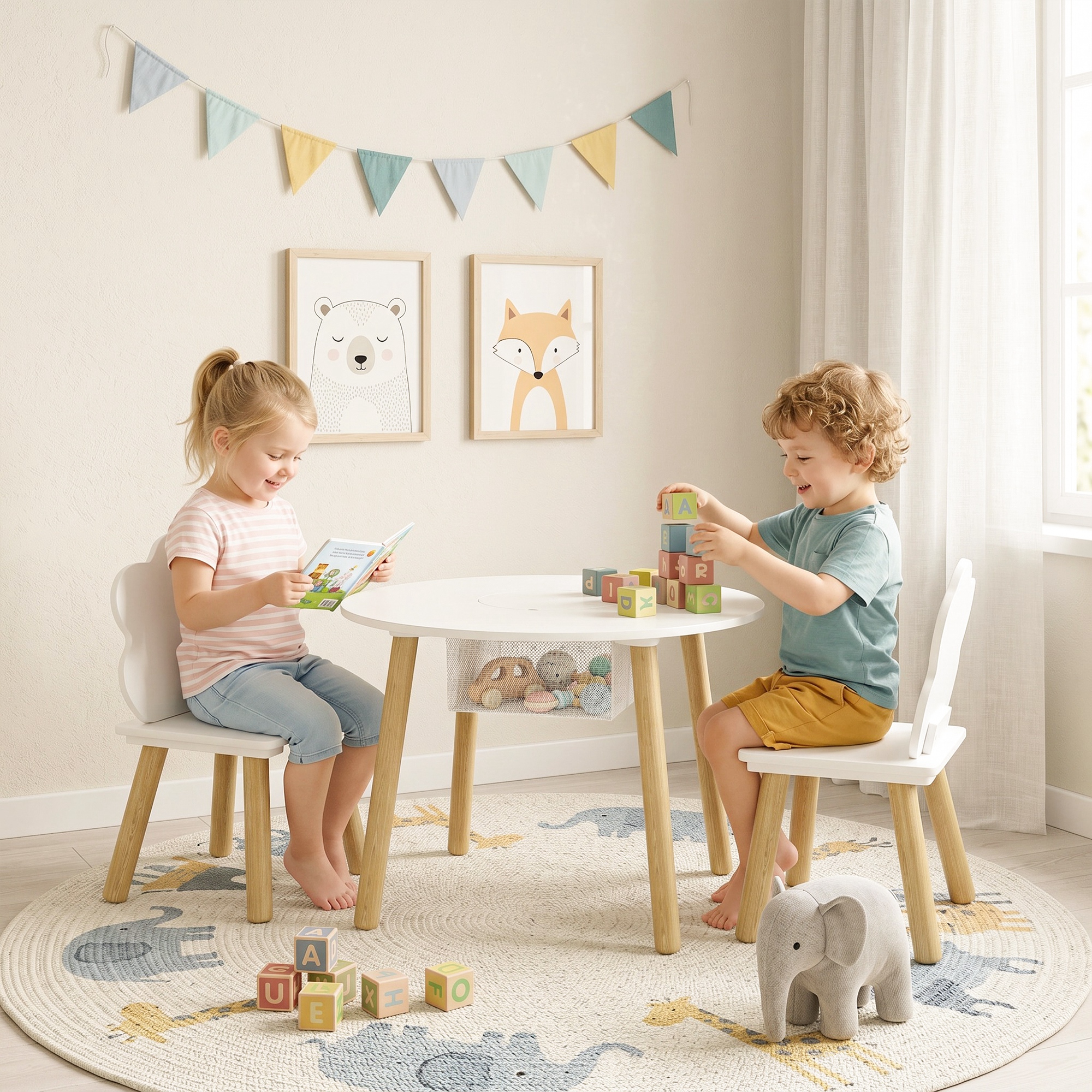 Kindertisch mit Stühlen und Aufbewahrung, 3-teiliges Kinder-Möbelset in Weiß und Natur für Spielzimmer und Kinderzimmer