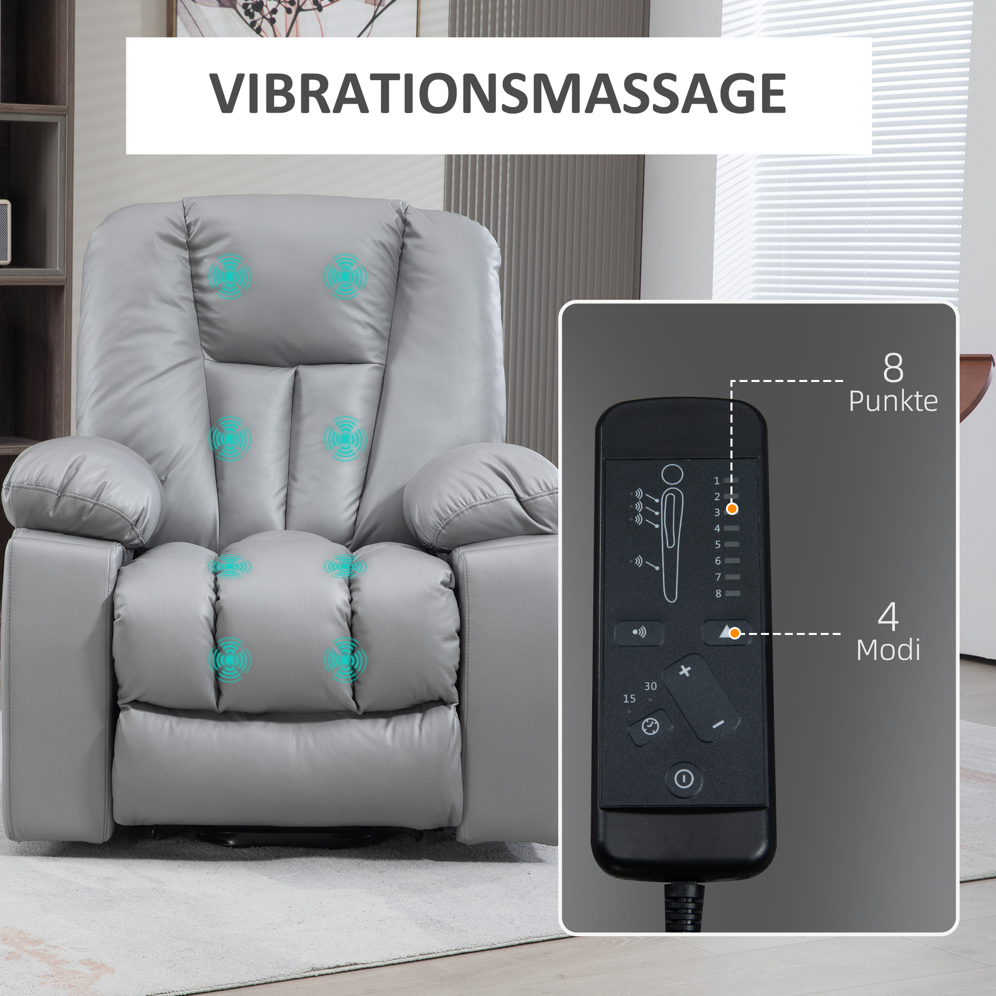 Massagesessel Relaxsessel Seniorensessel, Fernbedienung, Seitentaschen, 94 cm x 96 cm x 106 cm, Dunkelgrau