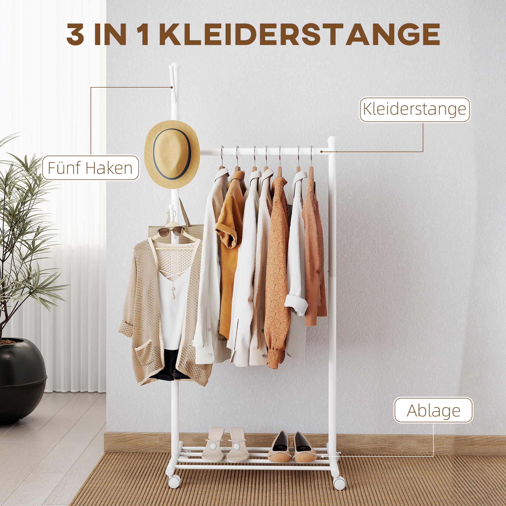 Kleiderständer mit Rolle, mobiler Garderobenständer mit Kleiderstange, 5 Haken, Schuhregal Weiß