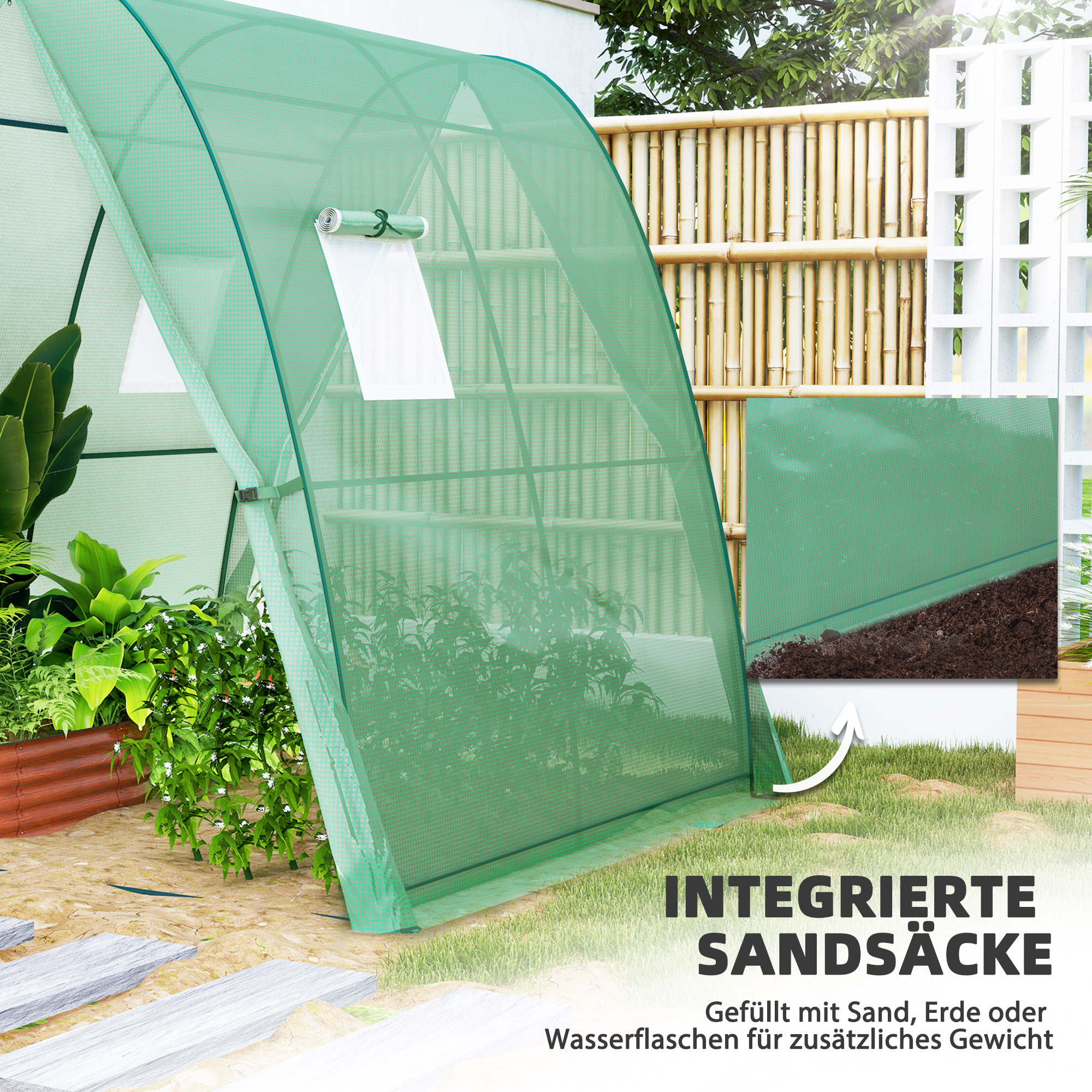 Bogen-Gewächshaus mit Sandsäcken und Kunststoff-Abdeckung, 2 Rolltüren, Netzfenster, tragbar, 1,8 x 1,8 x 2 m, Grün