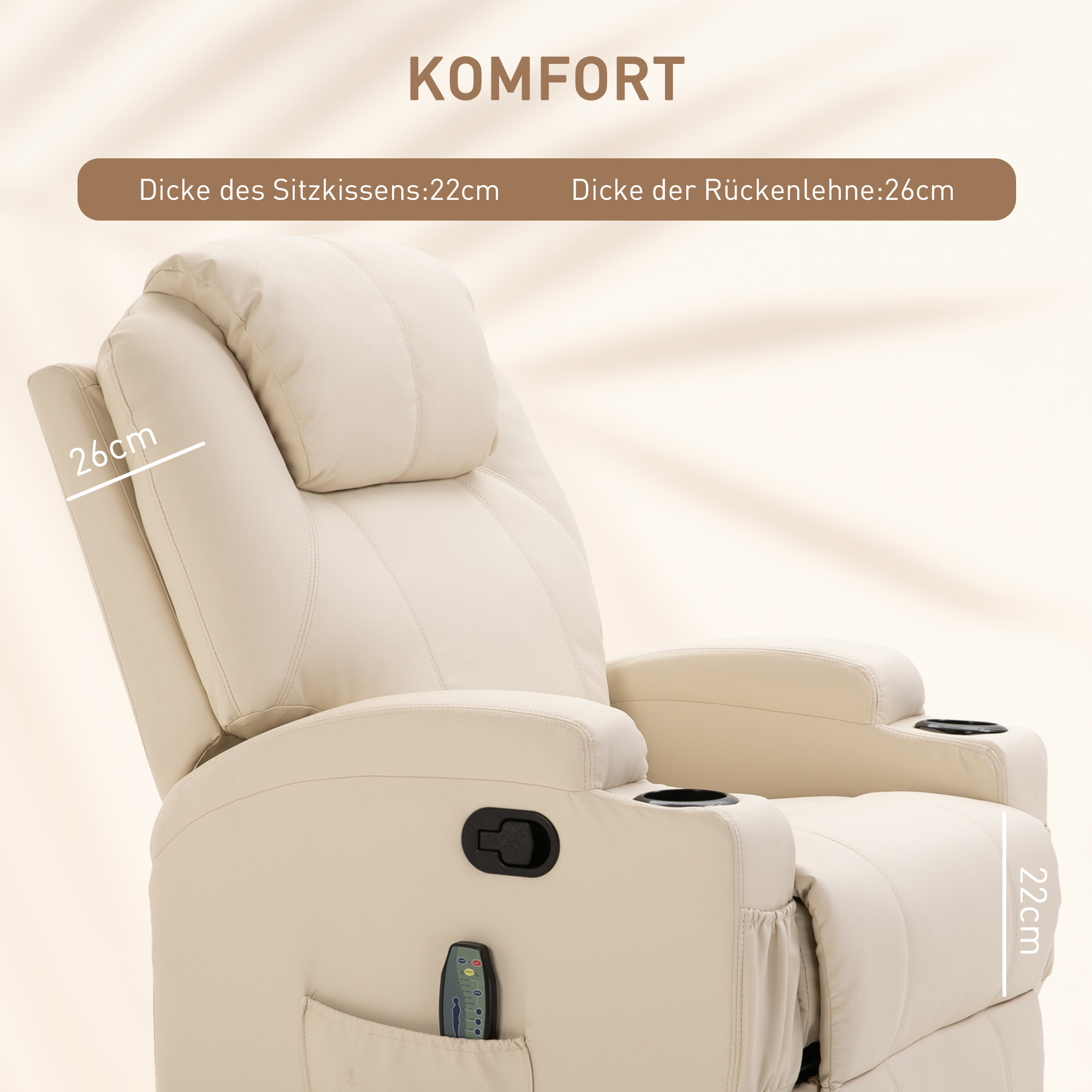 Massagesessel Elektrisch Relaxsessel Fernsehsessel Massagefunktion 5 Massage-Modi Liegefunktion Kunstleder Holz Metall Schaumstoff Cremeweiß 84 x 92 x 109 cm