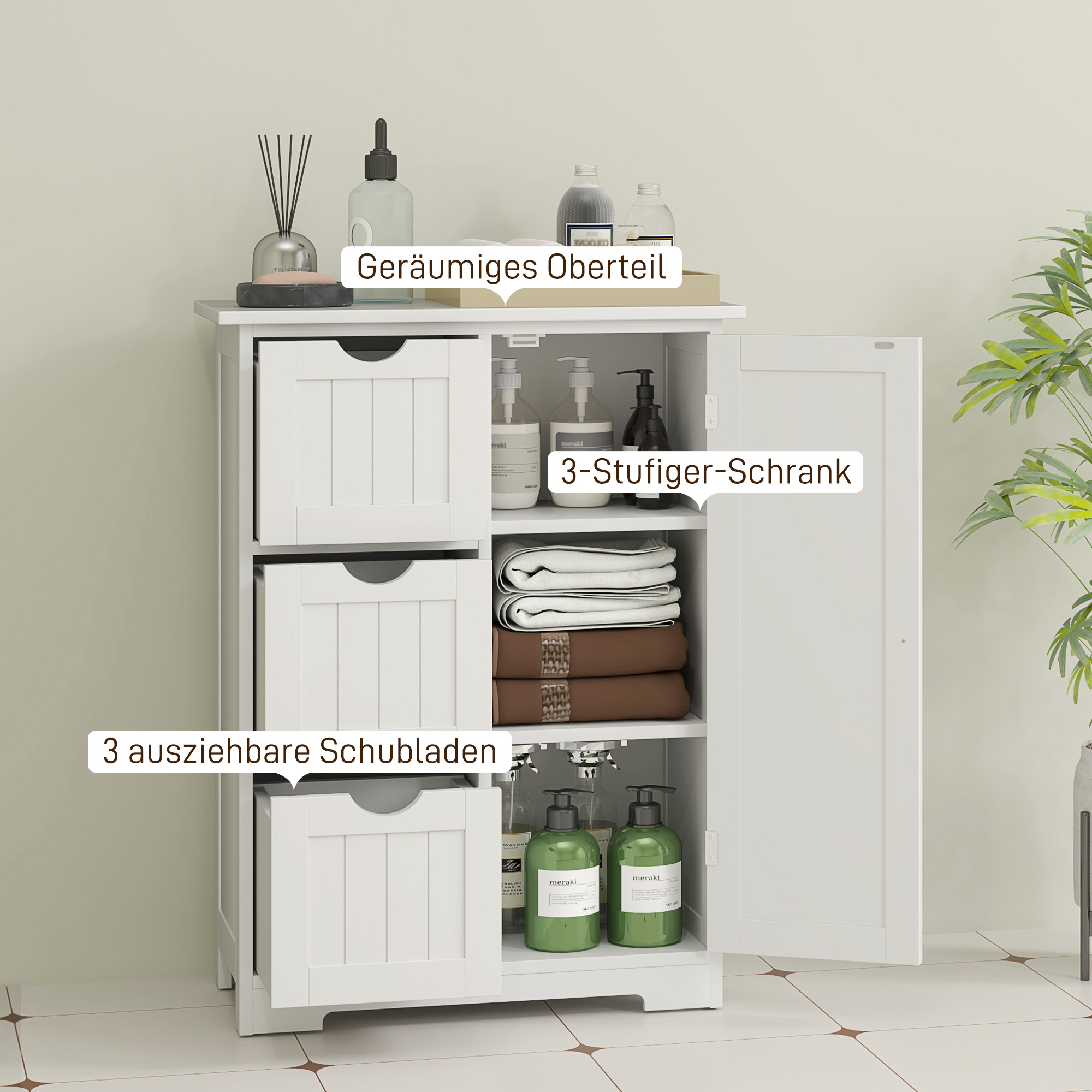 Badezimmerschrank, Badkommode, 3 Schubladen, Regal, MDF, Weiß
