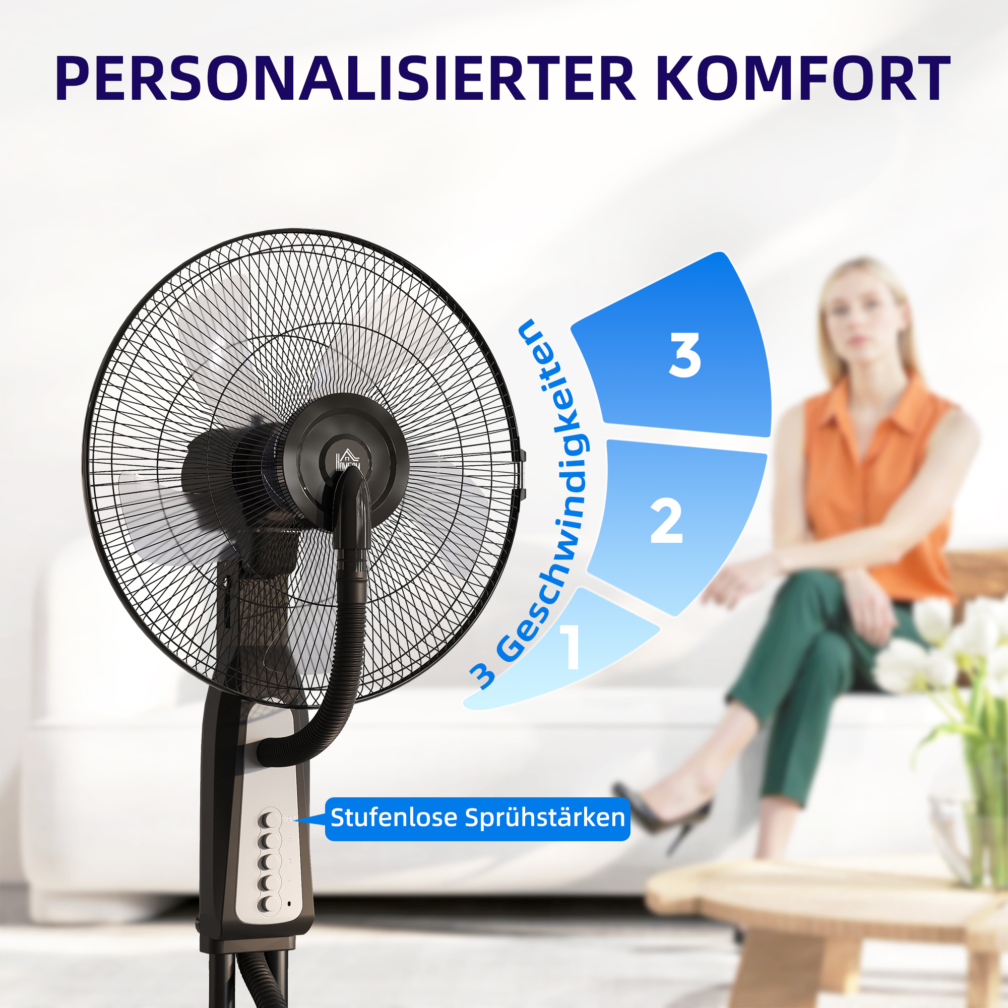 Ventilator mit Sprühnebelfunktion, 3 Liter-Tank, 75 Grad drehbar, 3 Geschwindigkeiten, rollbar, 125 cm, Schwarz