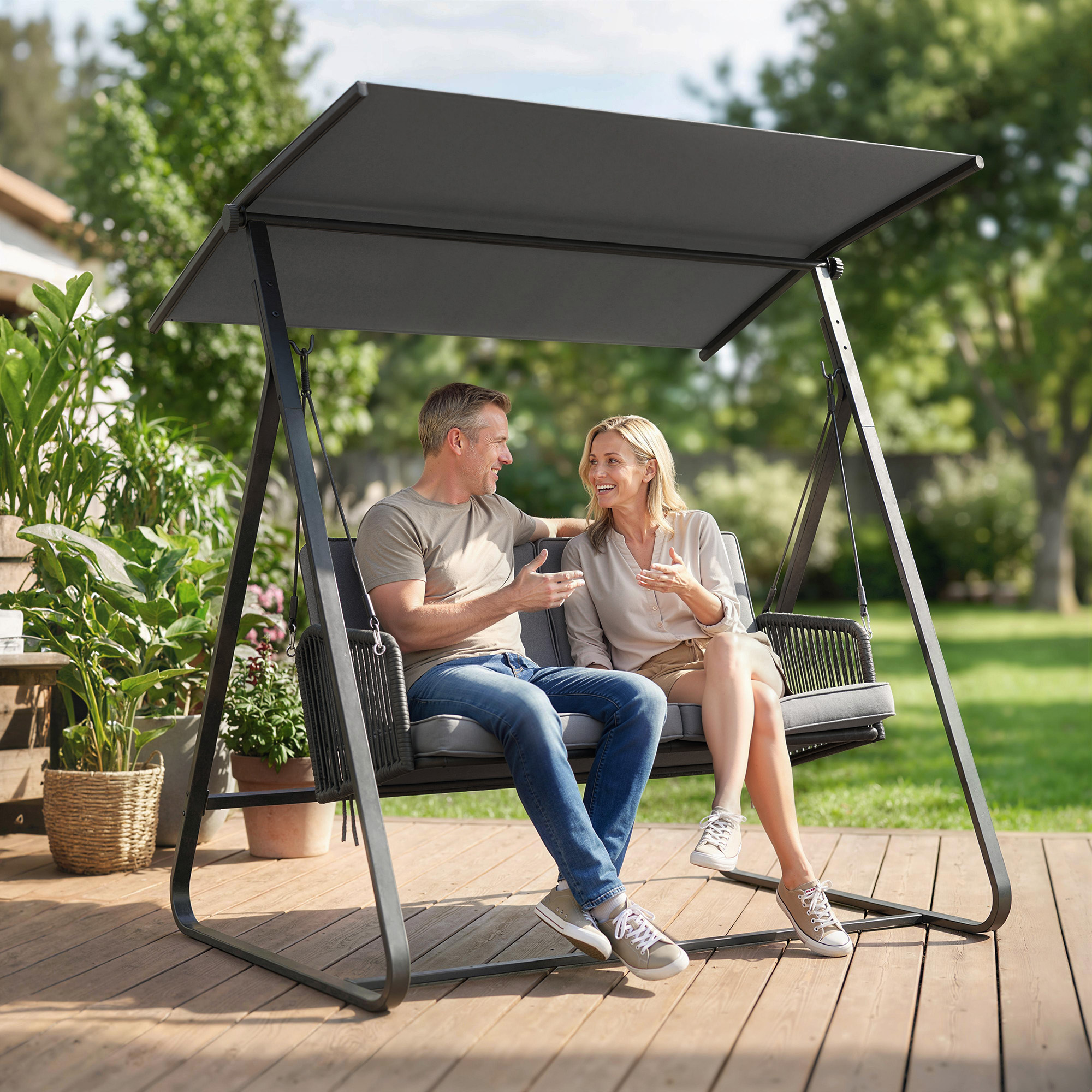 Hollywoodschaukel Rattan 2-Sitzer Gartenschaukel mit Verstellbarem Sonnendach weichem Kissen A-Rahmen