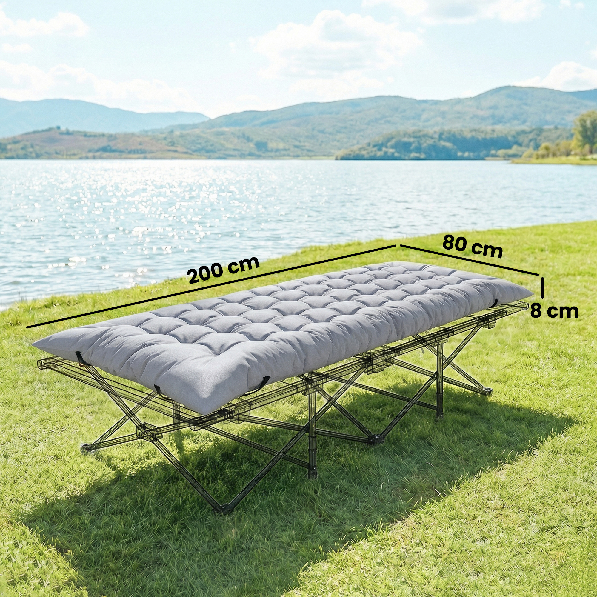 Camping Isomatte faltbare 8cm Dick Campingmatratze mit rutschfester Hülle Gurten für Camping 200 x 80 cm Hellgrau