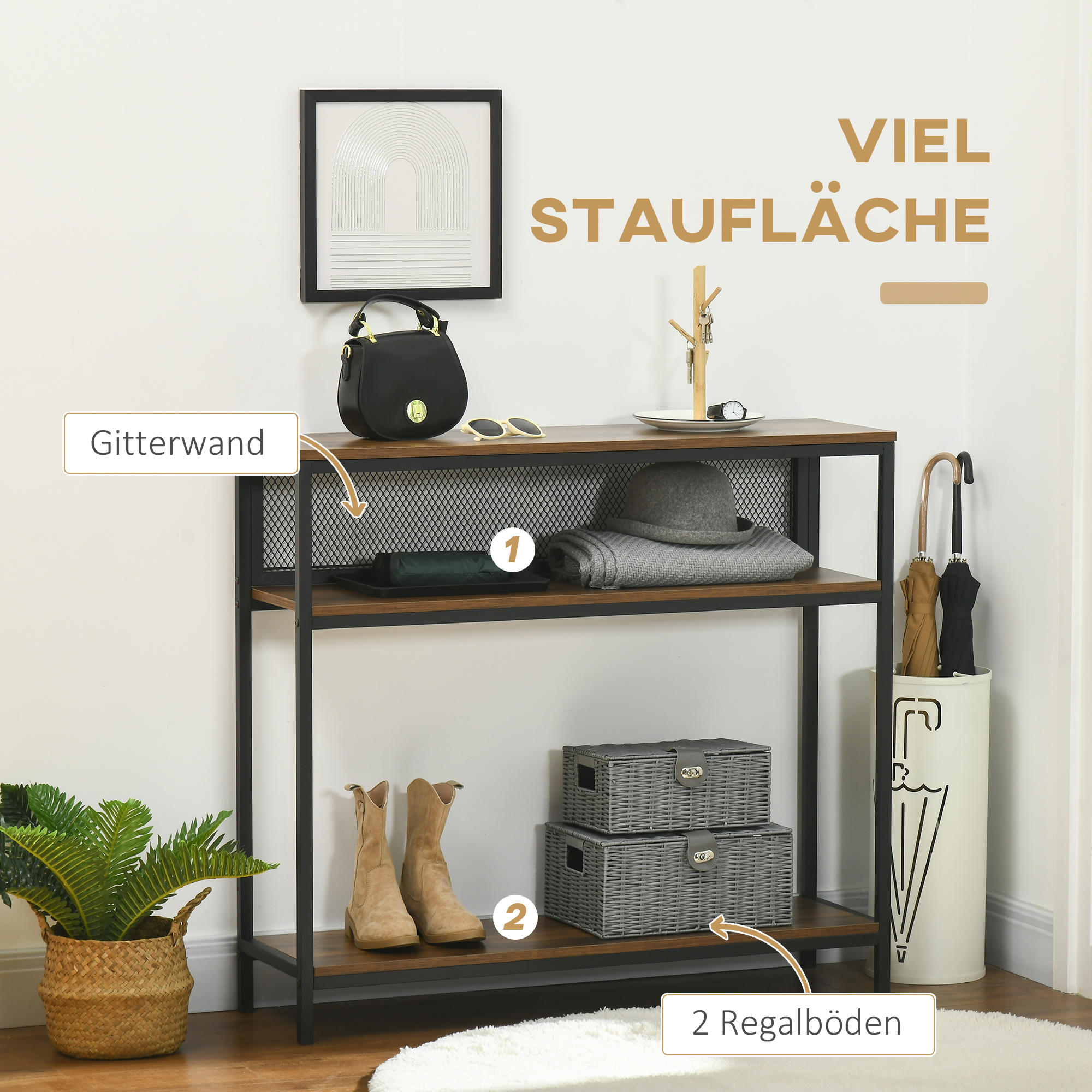 Sideboard Konsolentisch Flurregal, Industriedesign, 100 cm x 29,5 cm x 90 cm, Braun + Schwarz