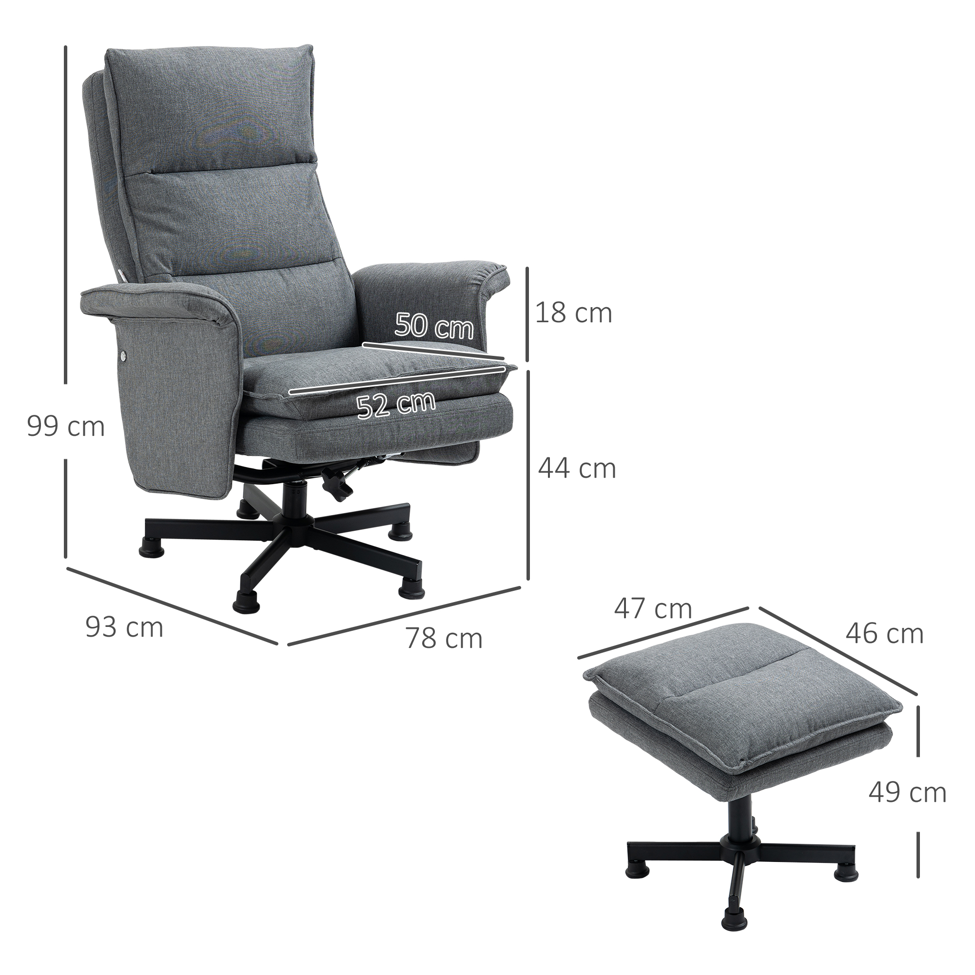 Massage-Bürostuhl mit Fußhocker, 8 Vibrationsköpfe, 1 Fernbedienung, 1 Seitentasche, Grau