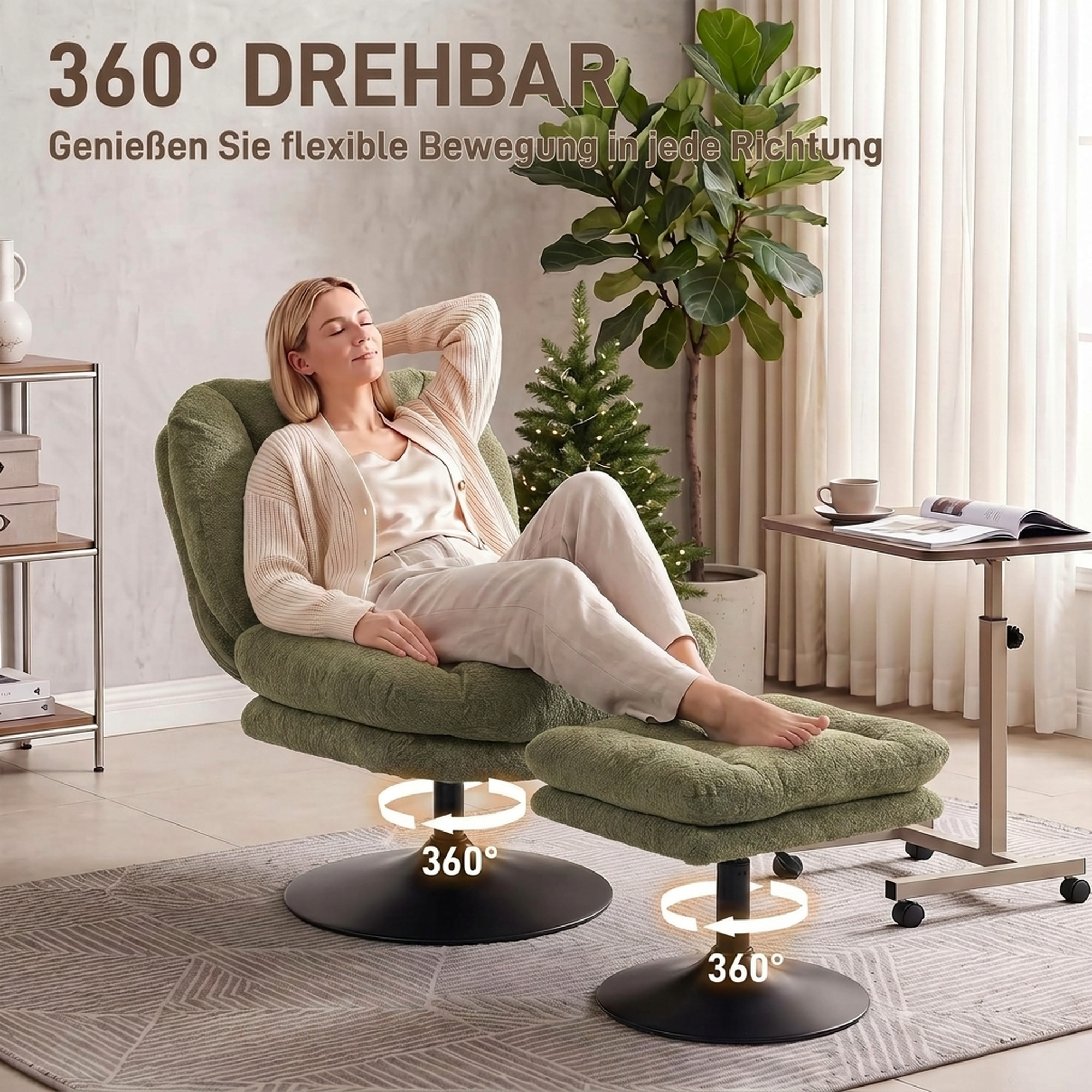 Loungesessel mit Hocker, 360° drehbar, aus Raindrop-Samt, höhenverstellbarer Fußhocker, Grün