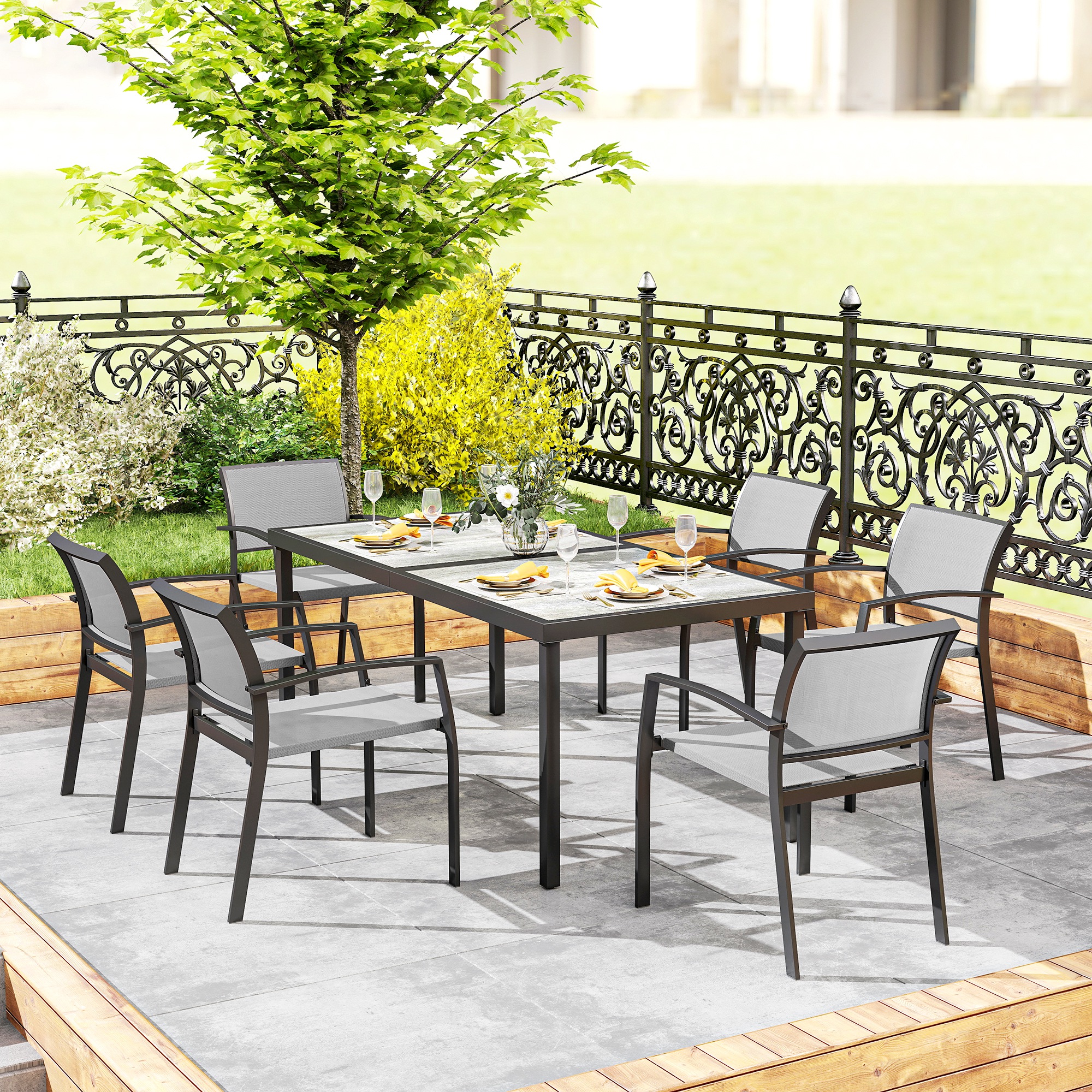 7-teiliges Ess-Set, 6 Stühle, 1 Tisch, stapelbar, leicht zu reinigen, Stahlrahmen, Gartenmöbel-Set, Grau