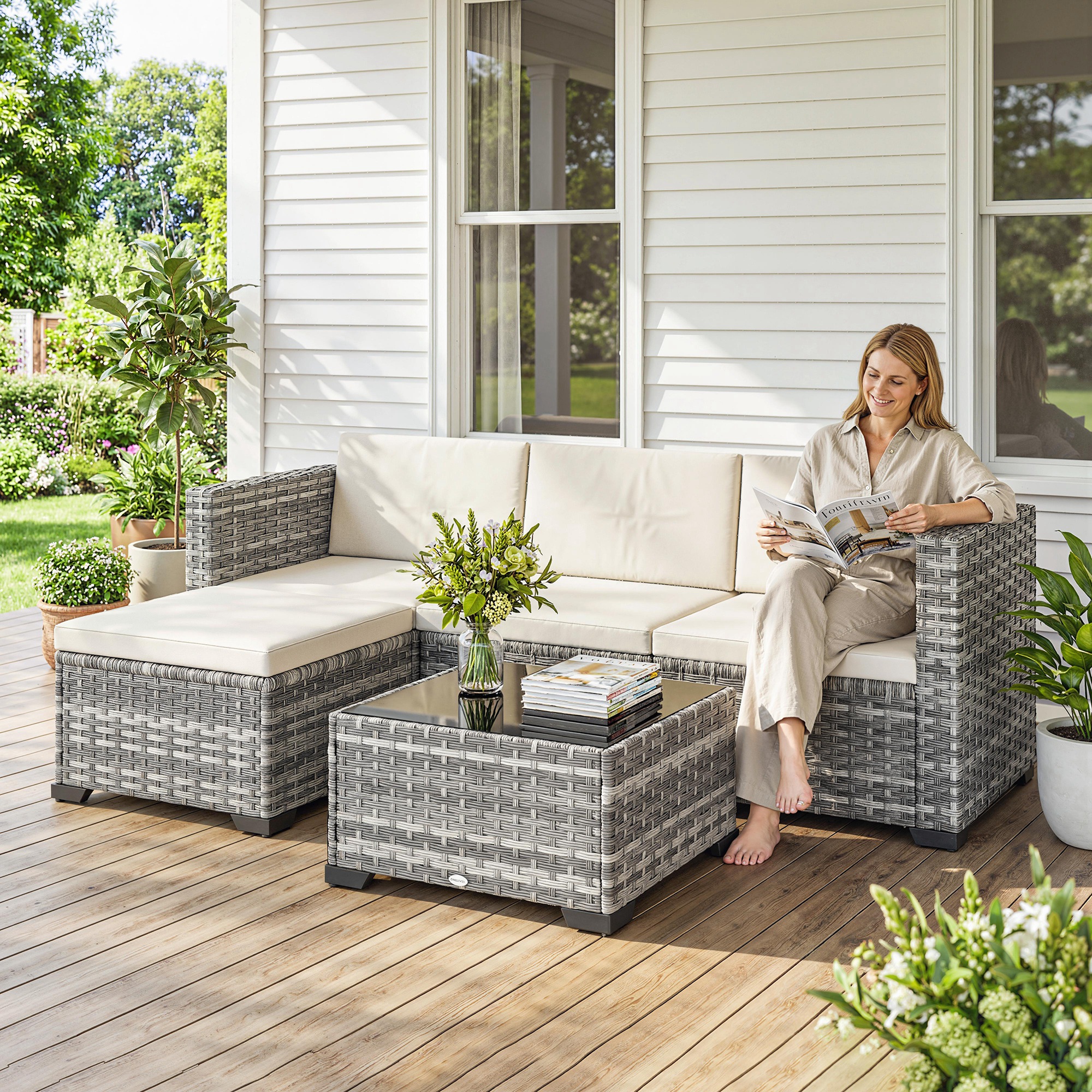 Polyrattan Gartenmöbel Set 5-teilig, Lounge Set mit Ecksofa Hocker Tisch Sitz- & Rückenkissen Grau+Cremeweiß