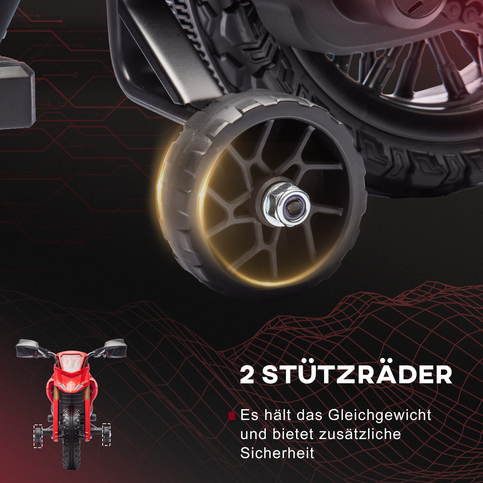 Elektro-Motorrad für Kinder, 6V Batterie-Antrieb, Stützräder, Hupe, Startgeräusch, 3-8 Jahre, Rot