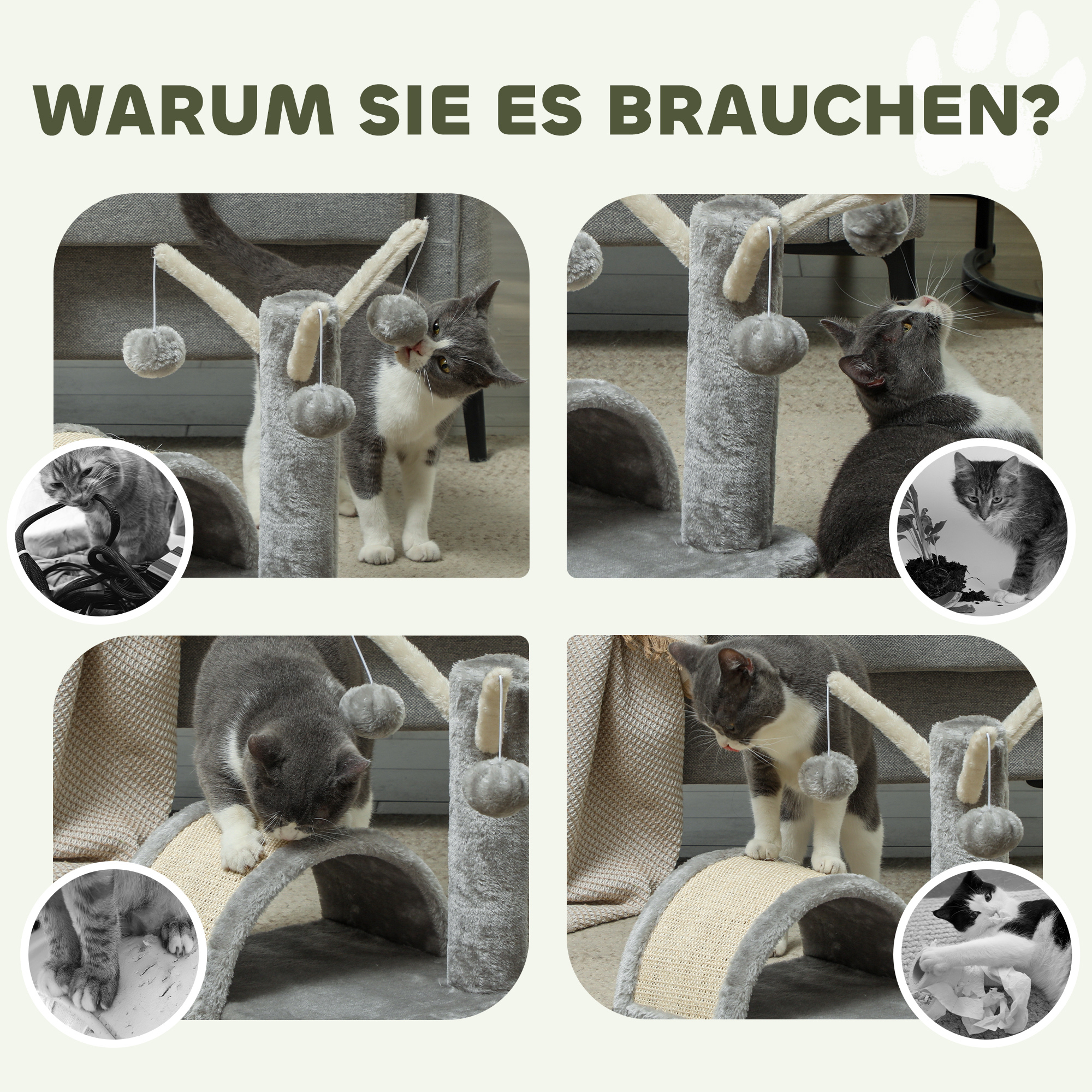 Kratzbaum 40 cm Kleiner Katzenturm mit Höhle, 2 Spielball, Kratzmatte, Katzenkratzbaum, Kletterbaum, für kleine & große Katzen, Hellgrau