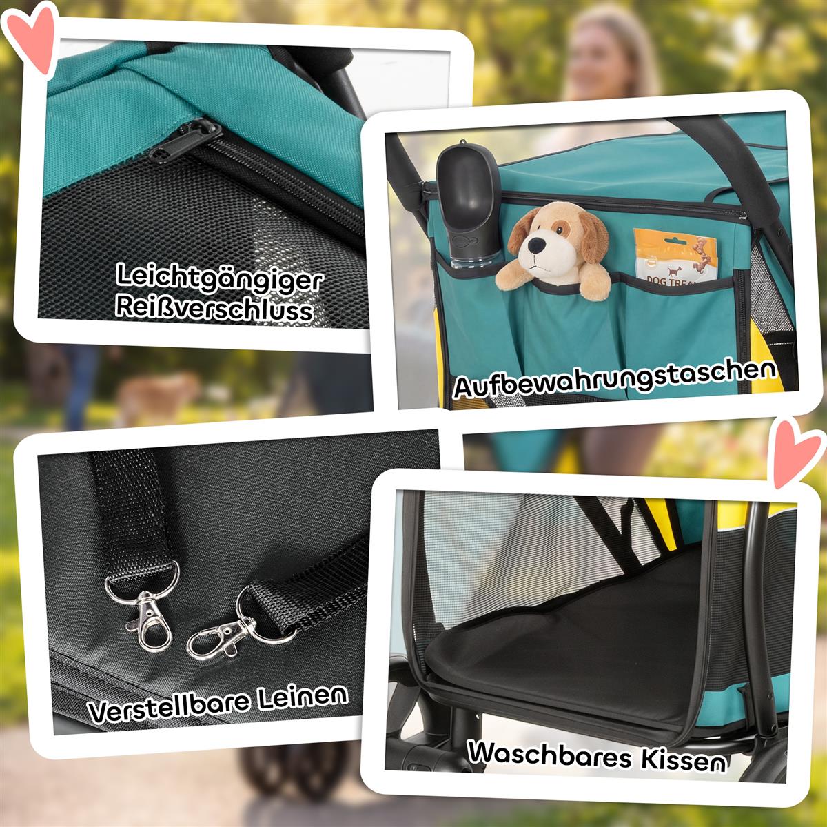 Hundewagen Faltbar Hundebuggy bis 20kg mit Kissen, Netzfenstern, Rückentasche, 92 x 63 x 95 cm Dunkelgrün