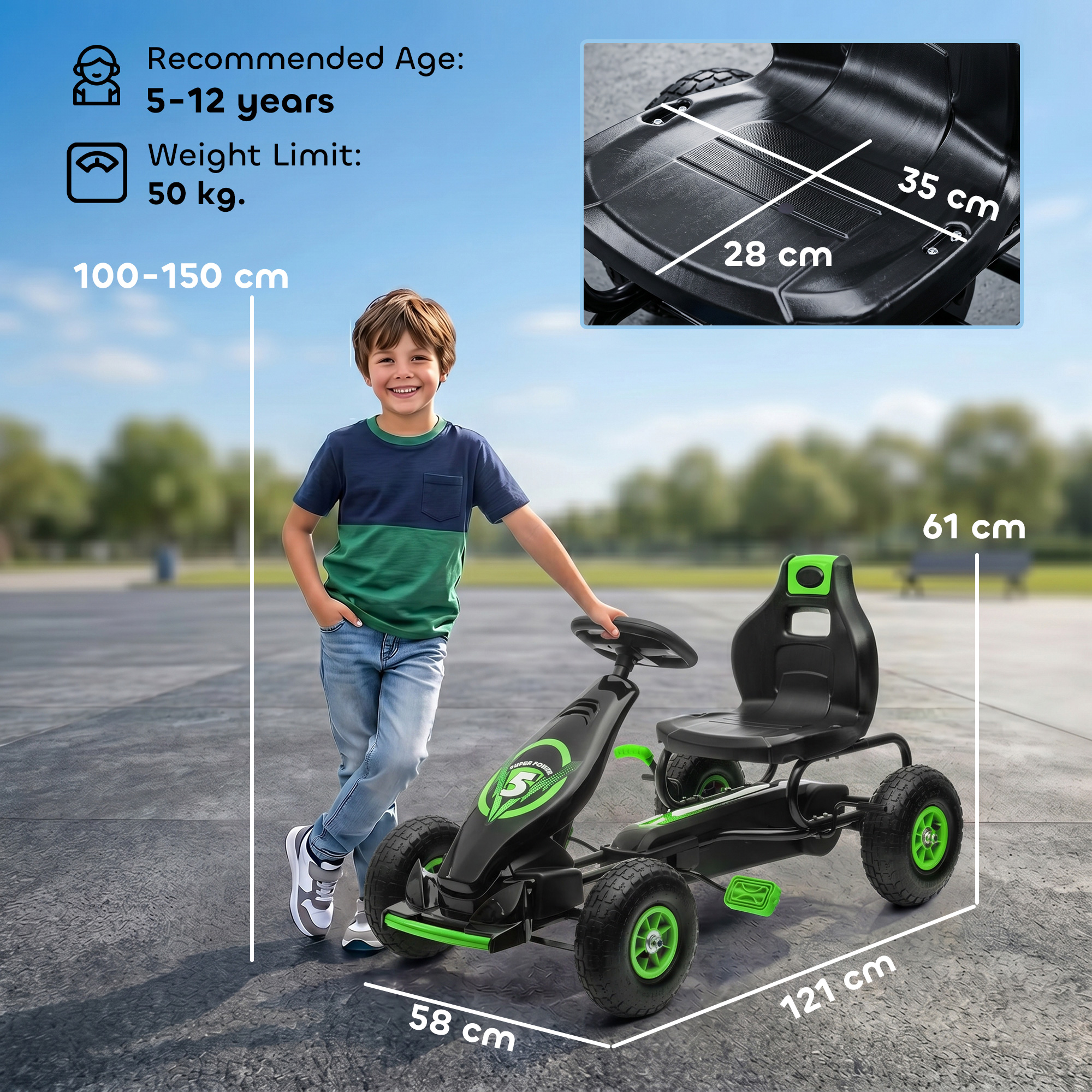 Kinder-Gokart, mit Pedalen, verstellbarem Sitz, In- und Outdoor, ab 5 Jahren, Grün+Schwarz, 121 x 58 x 61 cm