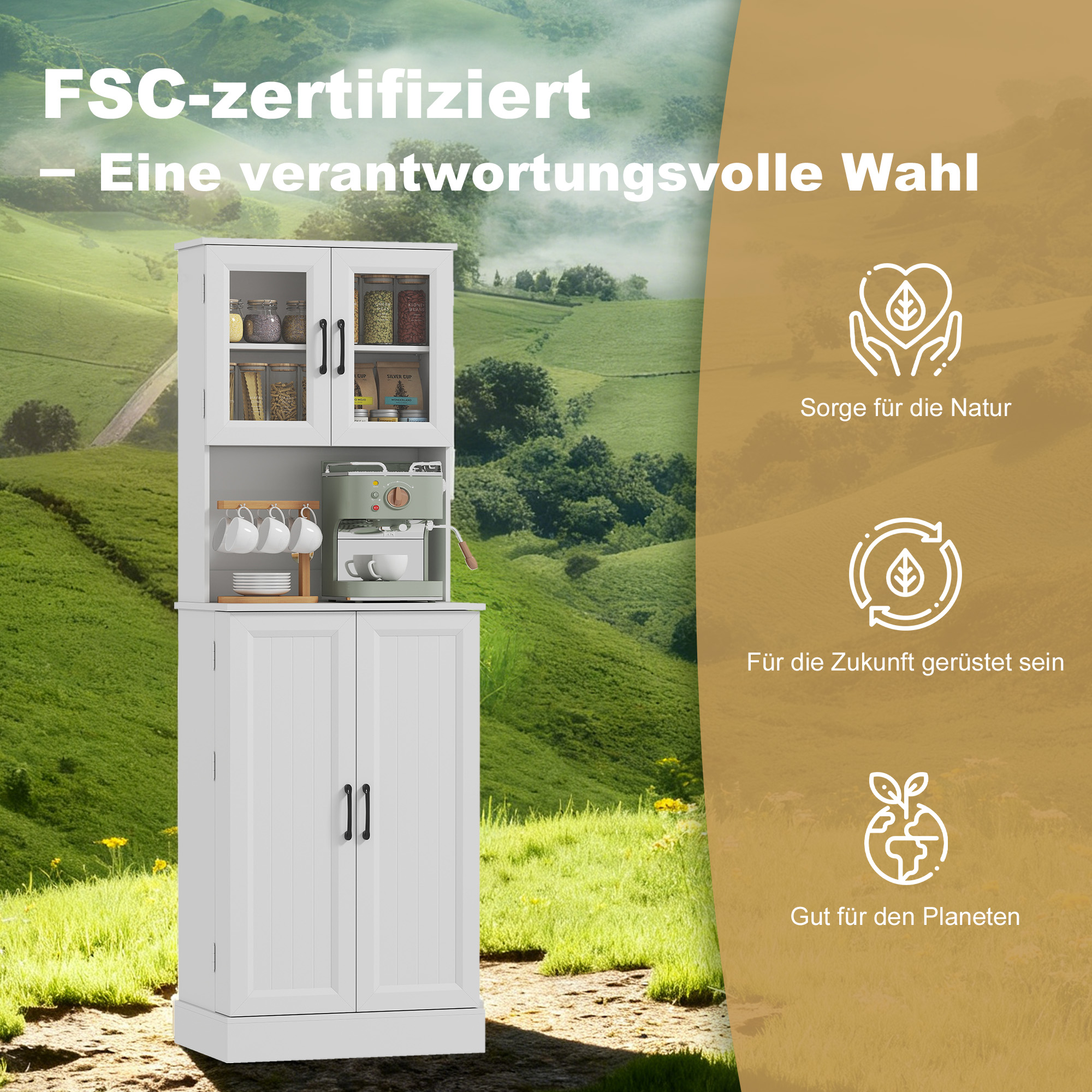 Küchenschrank, verstellbares Regal, Arbeitsplatte, Acryltüren, Kabelloch, für Wohnzimmer, Küche, Esszimmer, MDF, Weiß
