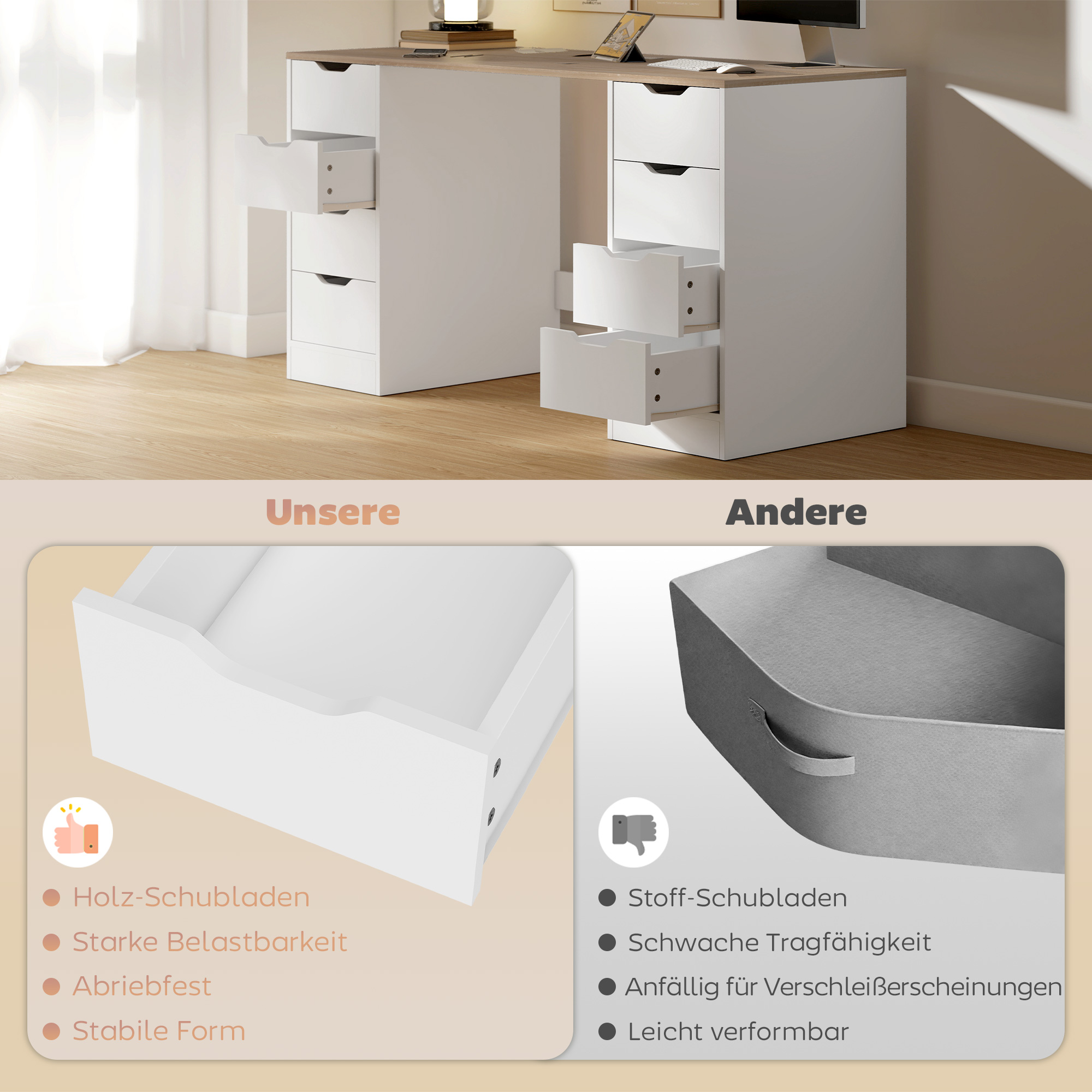 140 cm Computertisch, 8 Schubladen, Schreibtisch für Homeoffice, Schlafzimmer, Stahl, Holz, Weiß