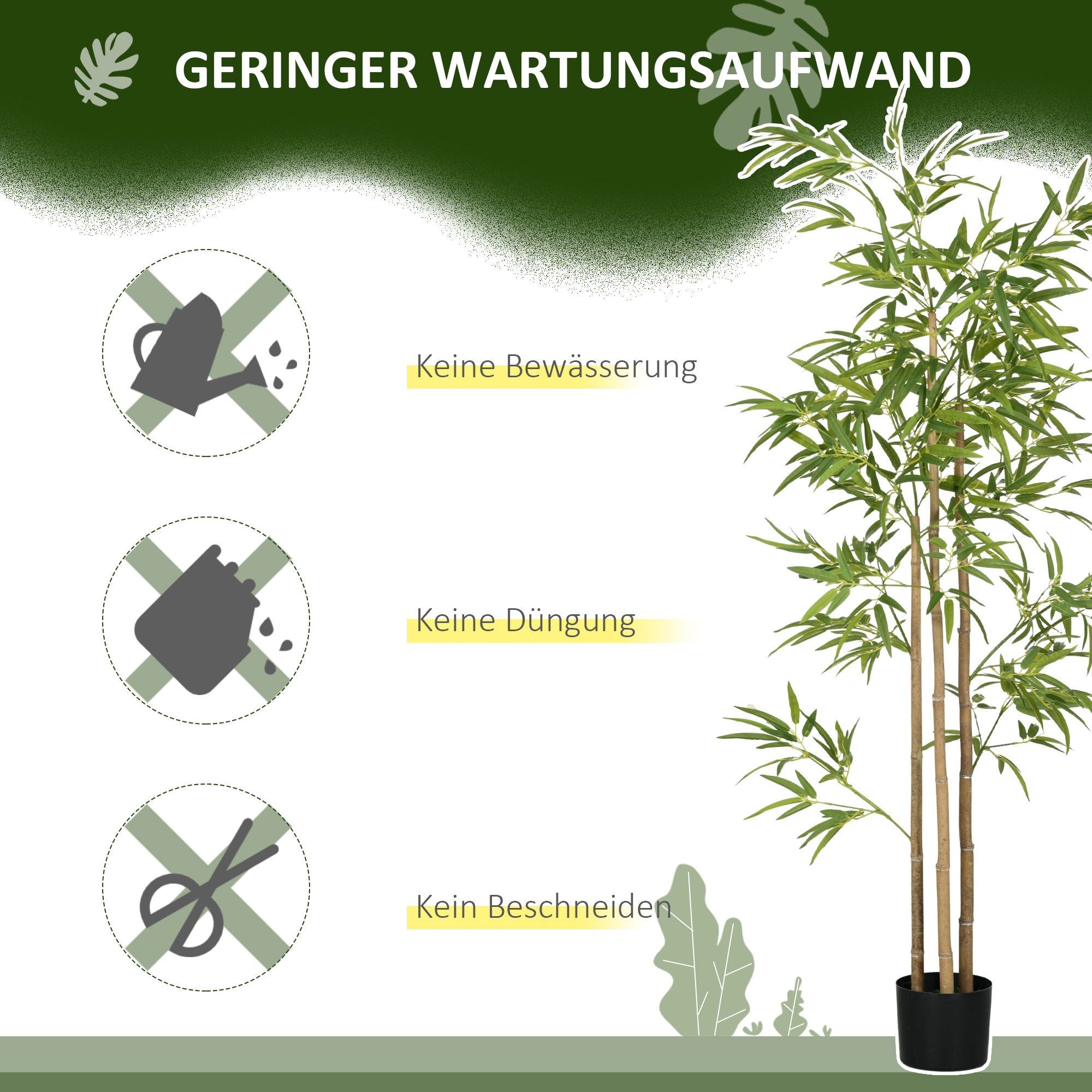 Kunstpflanze, Bambus, 3 Stämme, 830 Blätter, pflegeleicht, 180 cm, Zementtopf