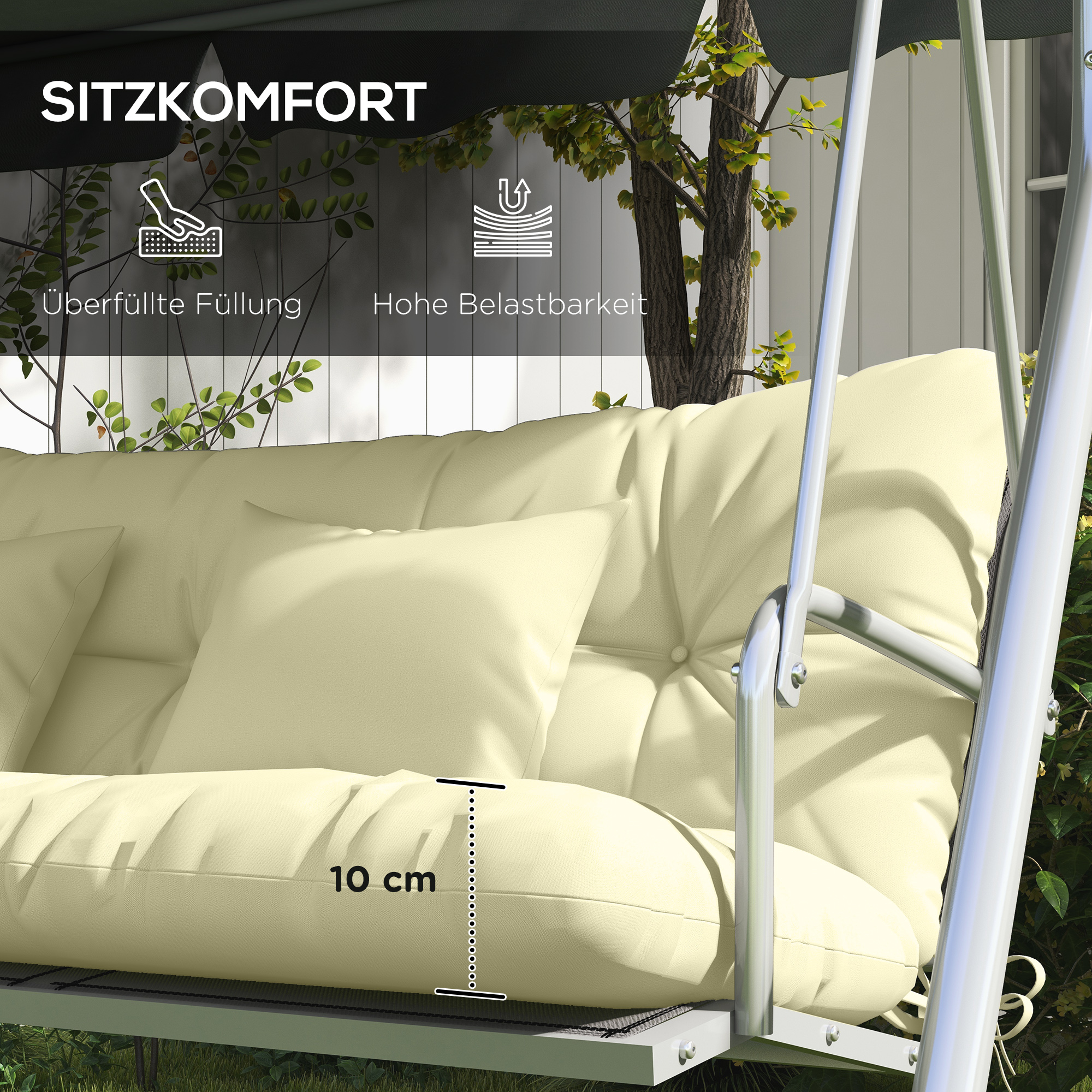 4er-Set Sitzkissen, 150x50 cm wasserabweisend Stuhlkissen mit Bindebänder, 10cm dick Cremeweiß