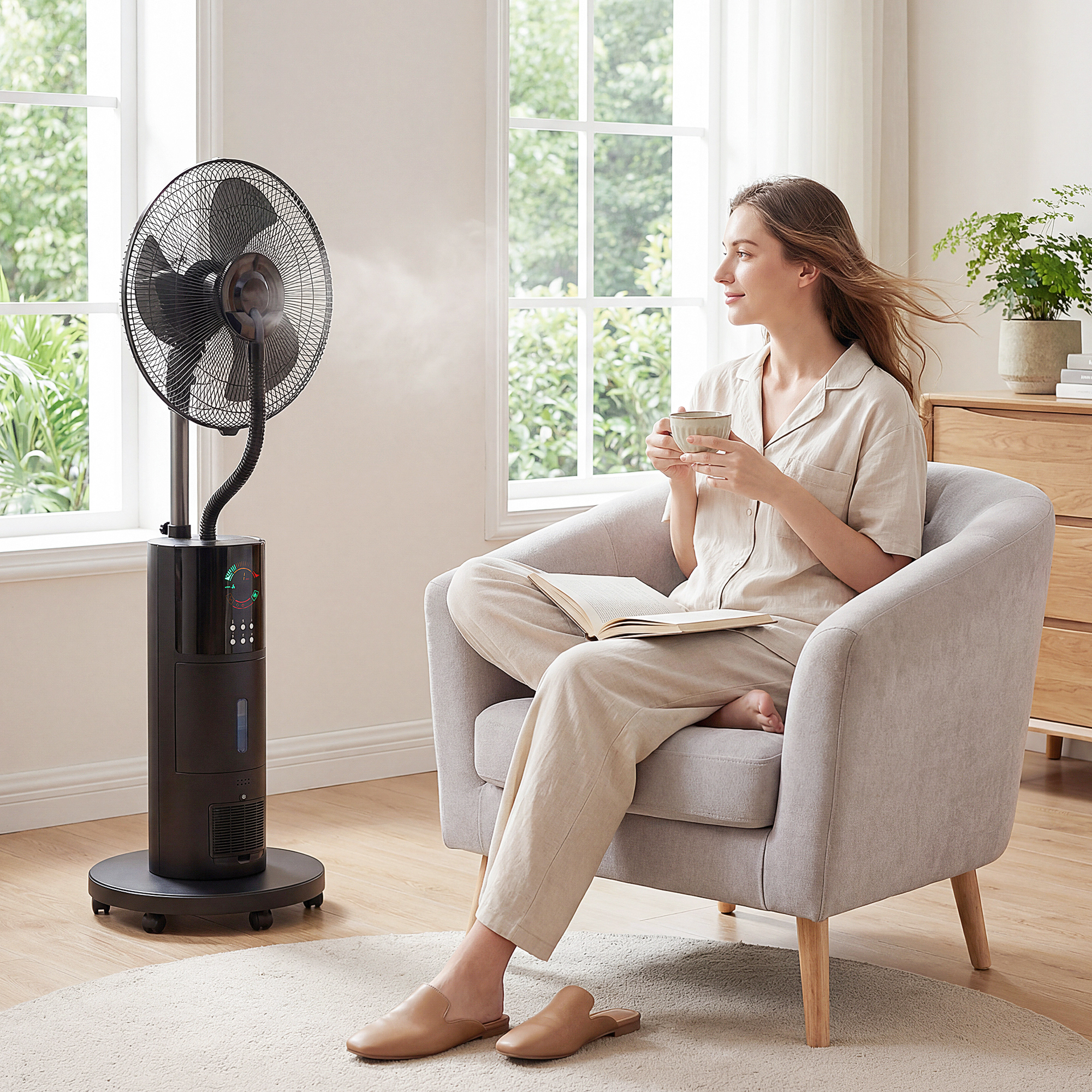 4-in-1 Standventilator mit Wassernebel Luftreiniger Mückenschutz 9-Stunden-Timer 3 Modi Fernbedienung Schwarz