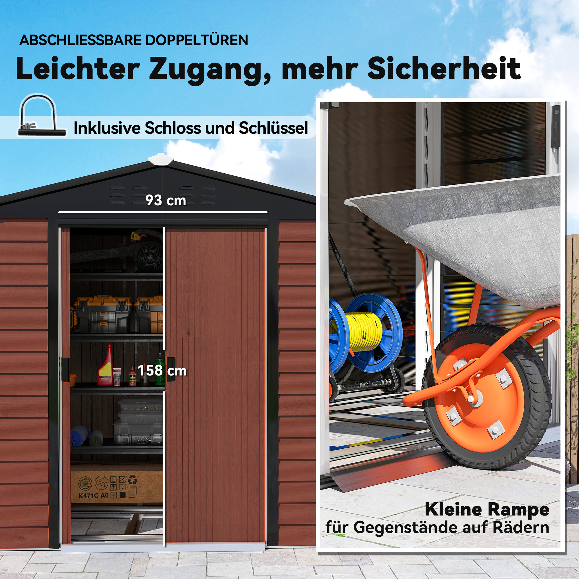 Geräteschuppen aus Metall, wetterfest & rostfrei, abschließbar,  2,40 x 2,06 x 1,98 m, Teak