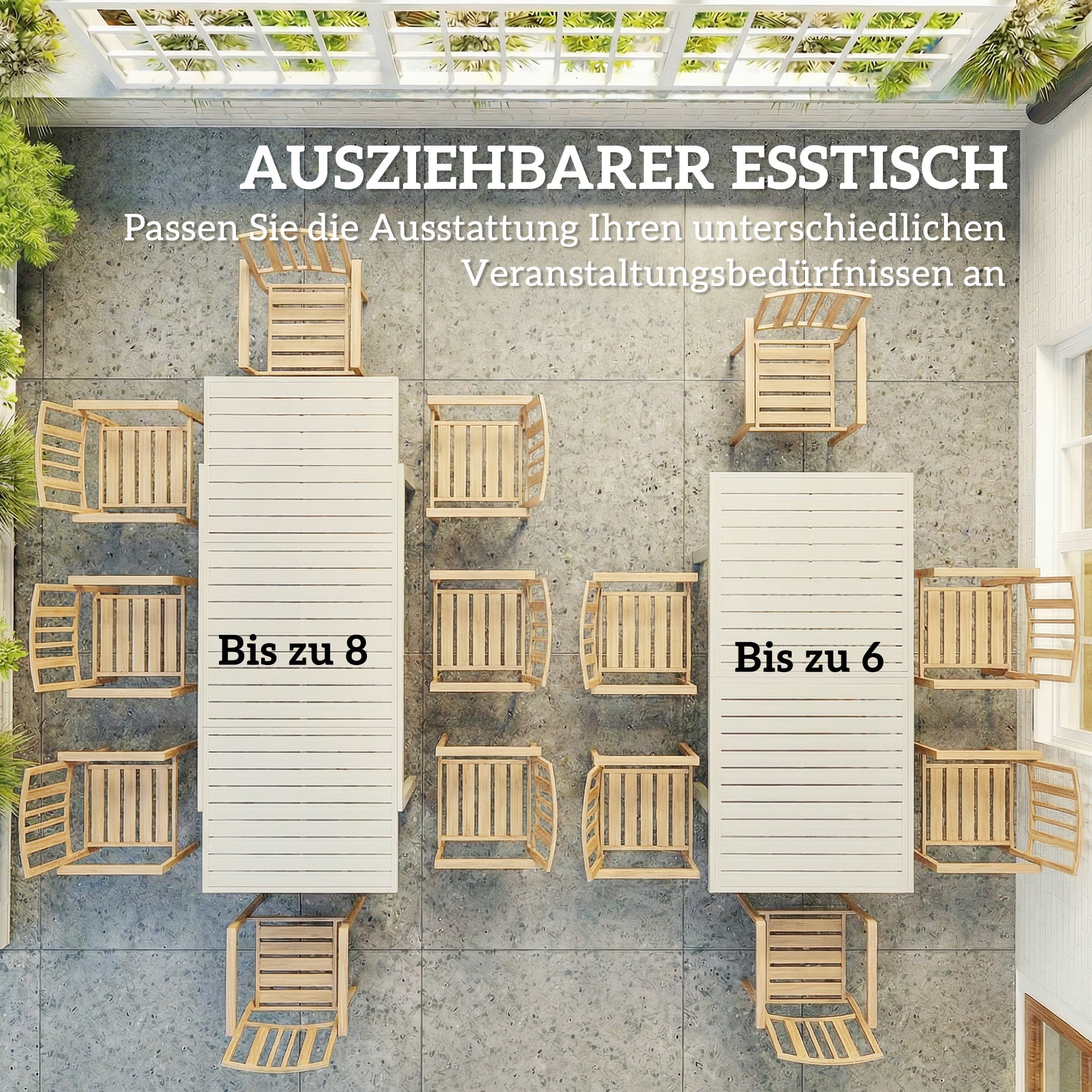 Gartentisch Ausziehbarer 150/225 x 85 cm Aluminium Esstisch für 6-8 Personen, Rechteckig Lamellenoptik