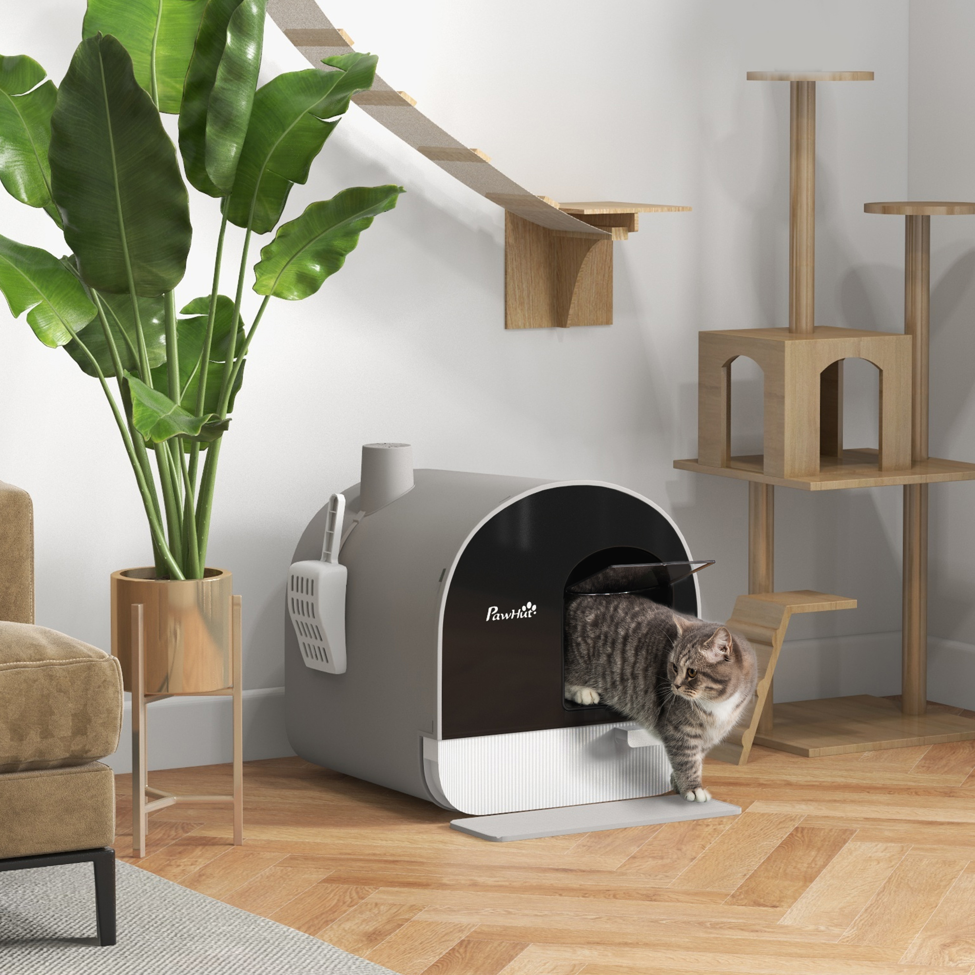 Katzentoilette mit Deckel, Streuschaufel, Schmutzfangmatte, Kunststoff, Grau/Schwarz