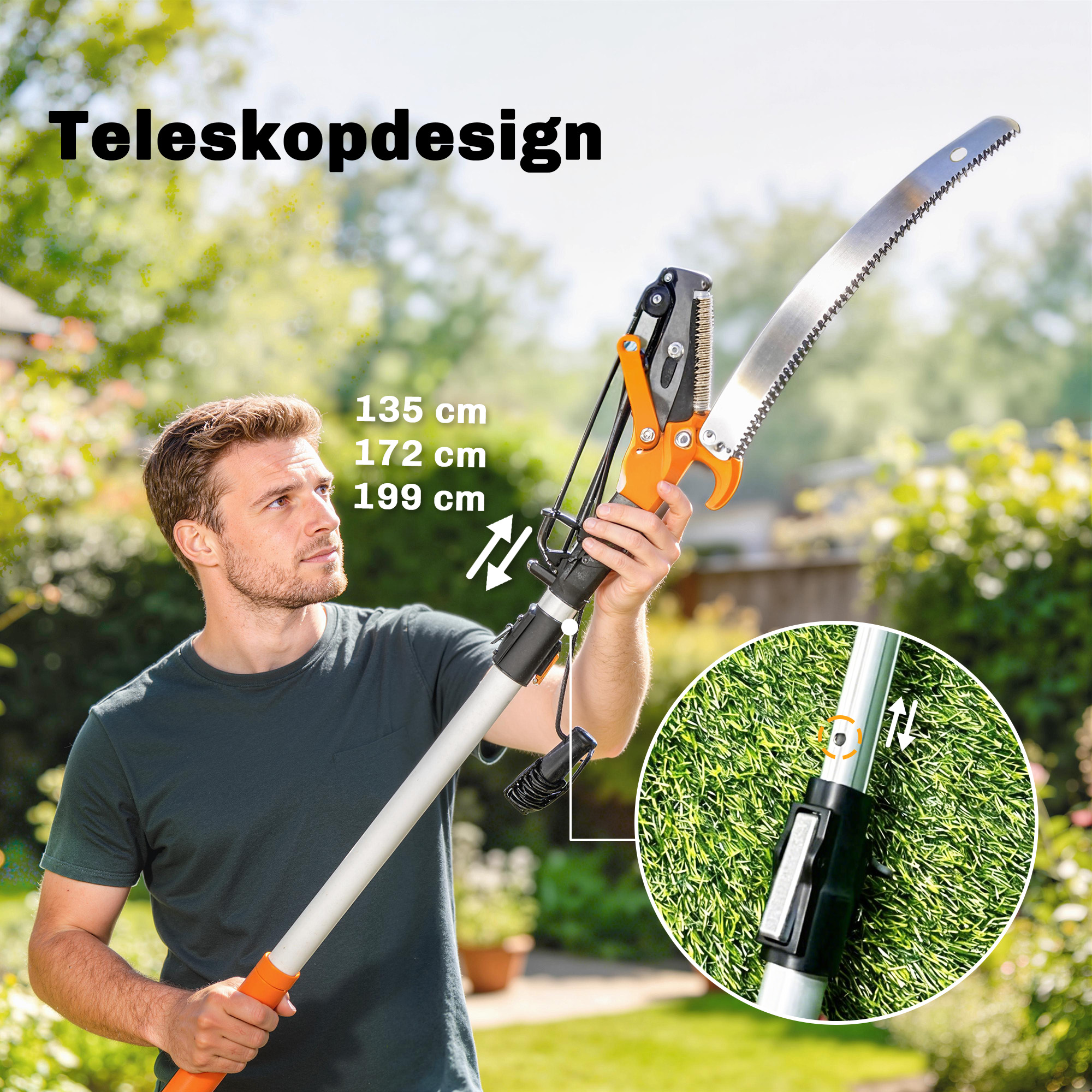 2-in-1 Astsäge mit integrierter Astschere Baumsäge mit Teleskopstiel 135/172/199 cm für hohe Äste Orange