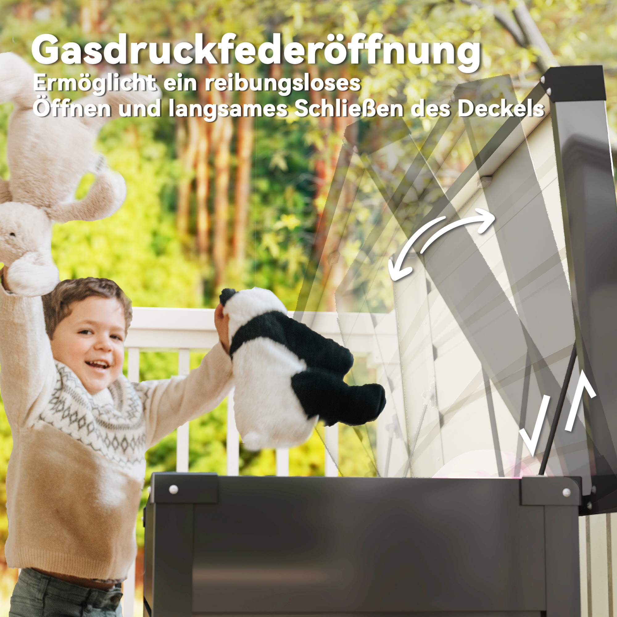 Gartenbox Metall 350L Kissenbox mit doppelwandig Deckel 120 x 61 x 62 cm Wasserdicht Abschließbar Grau