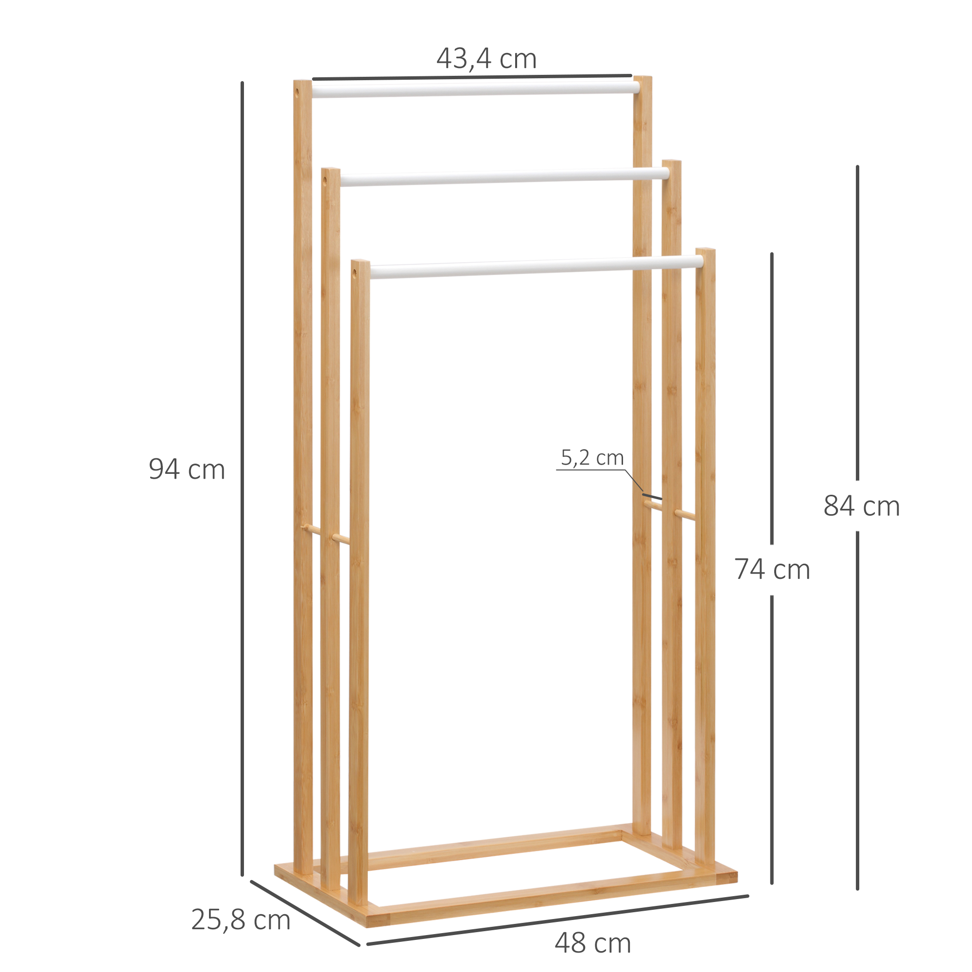 Handtuschständer aus Bambus. 3-teiliges Design, 3 Handtuchstangen 48 cm x 25,8 cm x 94 cm, Natur + Weiß